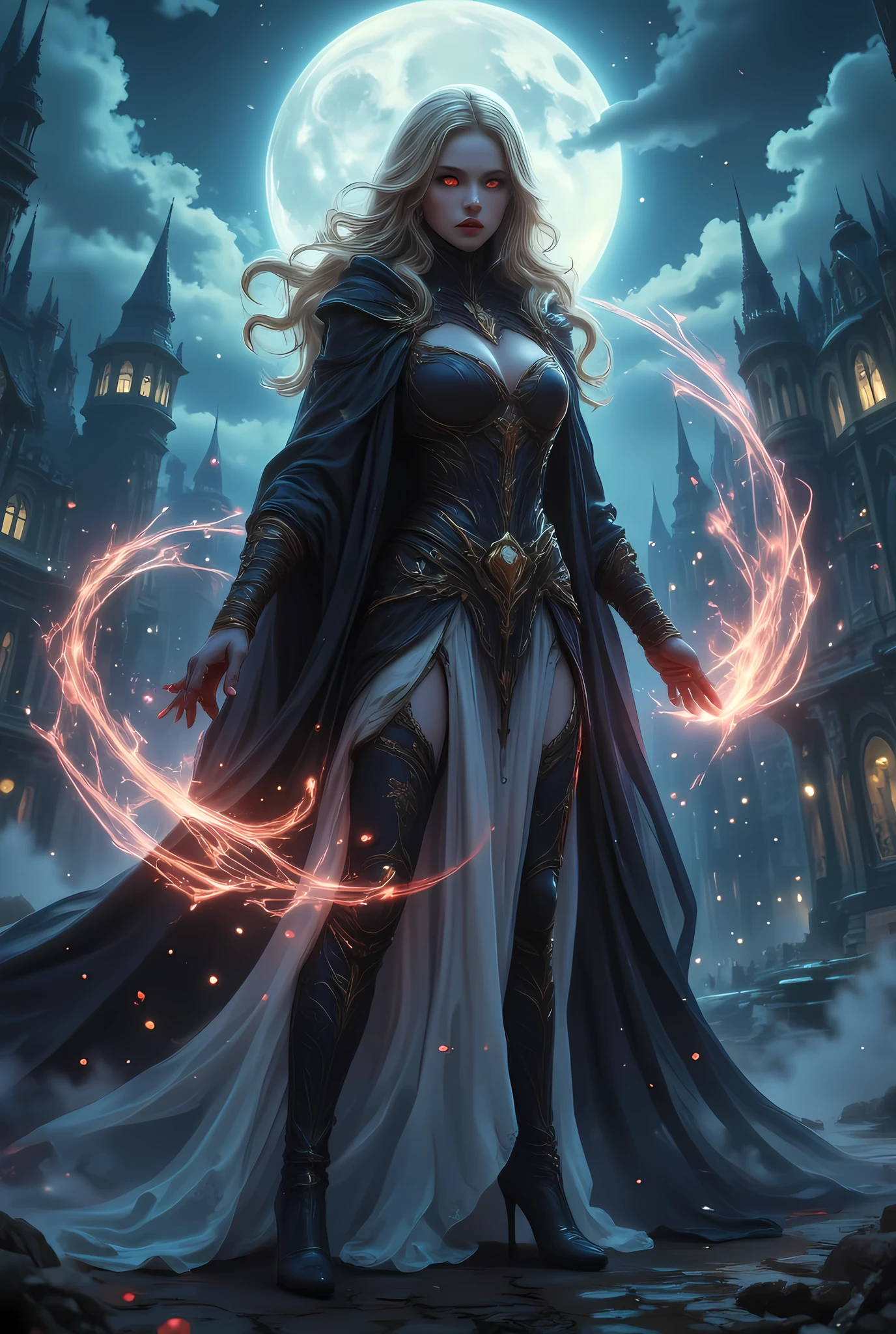anime comic illustration fantasy art, gothic art, (masterpiece:1.5), full body best details, highly detailed, best quality, Glowing Red, highres, full body portrait of a female vampire (Masterpiece, best quality: 1.6), ultra feminine, wizard, with a long curvy hair, gold hair, red eyes, busty, ((beautiful delicate face)), Ultra Detailed Face (intricate details, fantasy art, Masterpiece, best quality: 1.5), vampiric fangs, blue cloak, flowing cloak (intricate details, fantasy art, Masterpiece, best quality: 1.3), wearing an intricate white  dress, leather dress (intricate details, fantasy art, Masterpiece, best quality: 1.5), high heeled boots, fantasy urban background (intense details, beat details), fantasy, at night light, natural ,moon light, clouds, gothic atmosphere, soft light, dynamic light, [[anatomically correct]], high details, best quality, 8k, [ultra detailed], masterpiece, best quality, (extremely detailed), dynamic angle, aidmanijiv6, hyp3rd3tail style, Magic style
