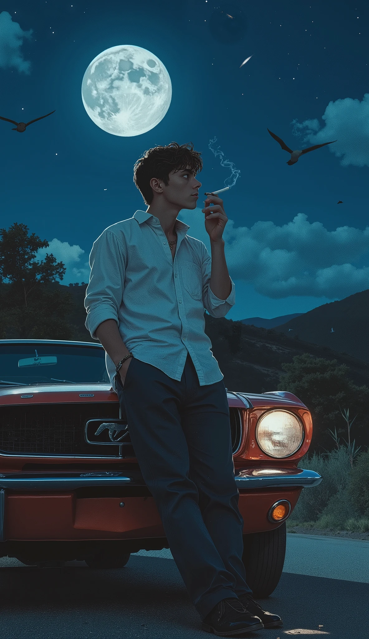 A young single man standing leaning on a classic mustang car, holding cigarette with one hand while smoking, looking towards moon, night time, bright stars and moon, light clouds, few birds flying, hilly area, black road getting bright from moons light, man wearing white shirt, sleeves folded, dark colored classic pants with classic shoes.