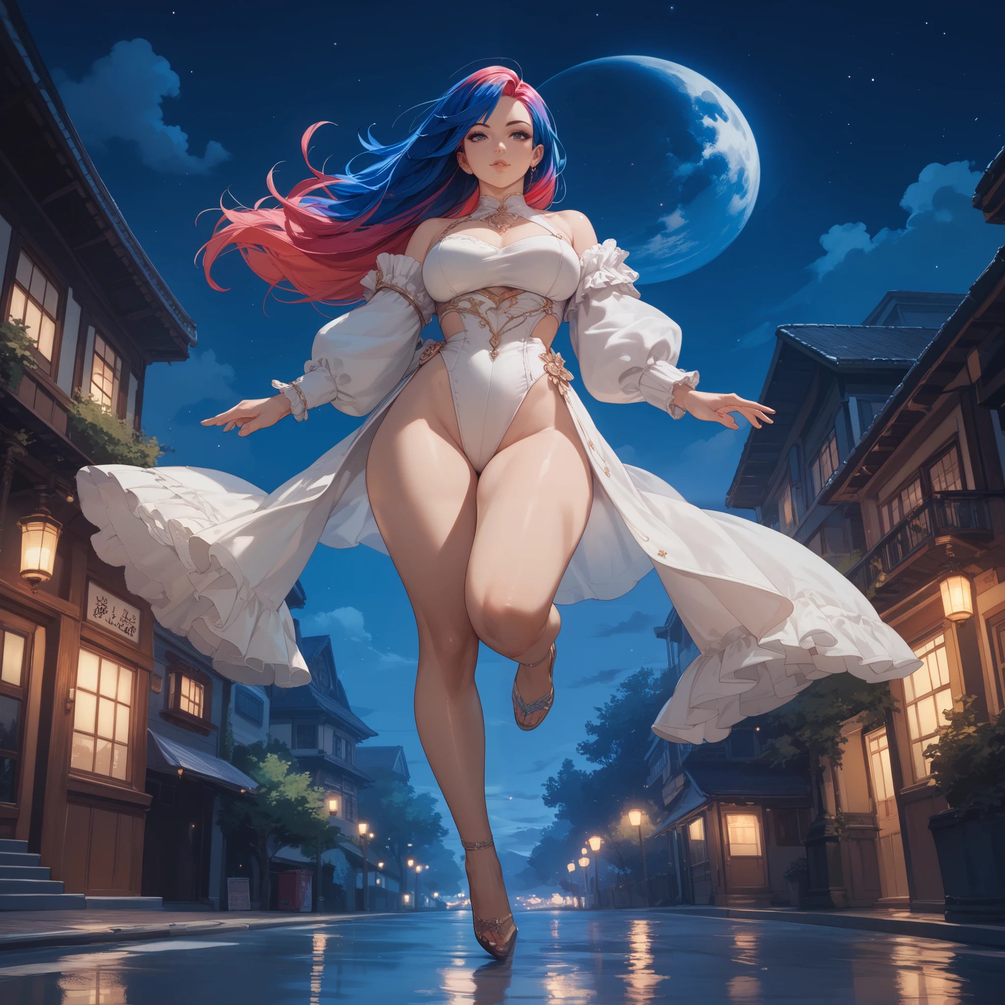 (((solo,1woman, mature, alone))), PeronaChan, ((long hair, pink hair, blunt bangs, twintails, drill hair, glowing black eyes, wide eyes, lipstick, makeup, narrow waist, skinny, medium breasts)), pelvic curtain, ((white bikini, big hat)), full body, perfect body, (insanely detailed, beautiful detailed face, masterpiece, best quality), (extremely detailed 8k paper CG wall unit: 1.1), (saigyou_ayakashi, bare_tree, cloudy sky, cloud, fog, dusk), cameltoe view, cameltoe, View from above, Diagonal view