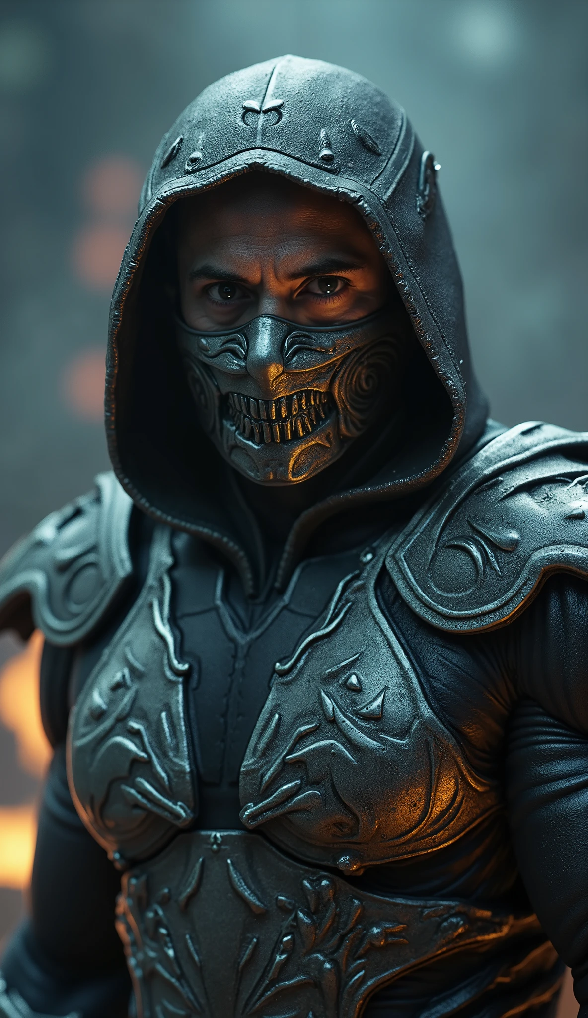 Here is a detailed prompt to generate an image **super realistic** do ROBERT DOWNEY JR como **Smoke**, focused on **upper body**, with a shiny metallic outfit and impactful details, and a striking background:
---
**"Close-up hiper-realista do Jake Gyllenhaal como Smoke, the enigmatic ninja and master of shadows of * mortal kombat*. He is in an intense and mysterious pose, with a cold and merciless expression, conveying mystery and power . He wears a shiny metallic suit, with intricate details and reflections that highlight the shimmering material. The metallic gray mask covers part of the face, with tribal patterns and small silver ornaments that complement his look. The lighting is dramatic , with shades of gray and silver, creating strong contrasts between light and shadow. The background is a realistic and dark setting, with cold lights, dense smoke and elements of an urban nocturnal environment, adding an intense and enveloping atmosphere."**
---
**Extra details for realism:**
- **It lasts:** Shiny metallic fabric, with light reflections and hyper-realistic textures.
- **mask:** Highly detailed design in metallic gray, with metallic reflections , tribal patterns and shiny silver and gray ornaments.
- ** Expression:** Cold and merciless look, conveying the dark and powerful essence of Smoke.
- **Bottom:** hyper-detailed textures in the smoke and in the elements of the urban night environment.
This prompt combines elements of Smoke with Jake Gyllenhaal's unique look, ensuring a cinematic and immersive result! 🔥