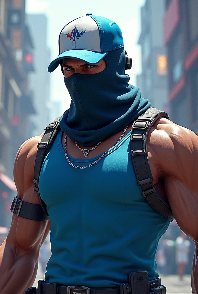Free fire male character with arctic blue mask, cat chest and a backwards cap. 
