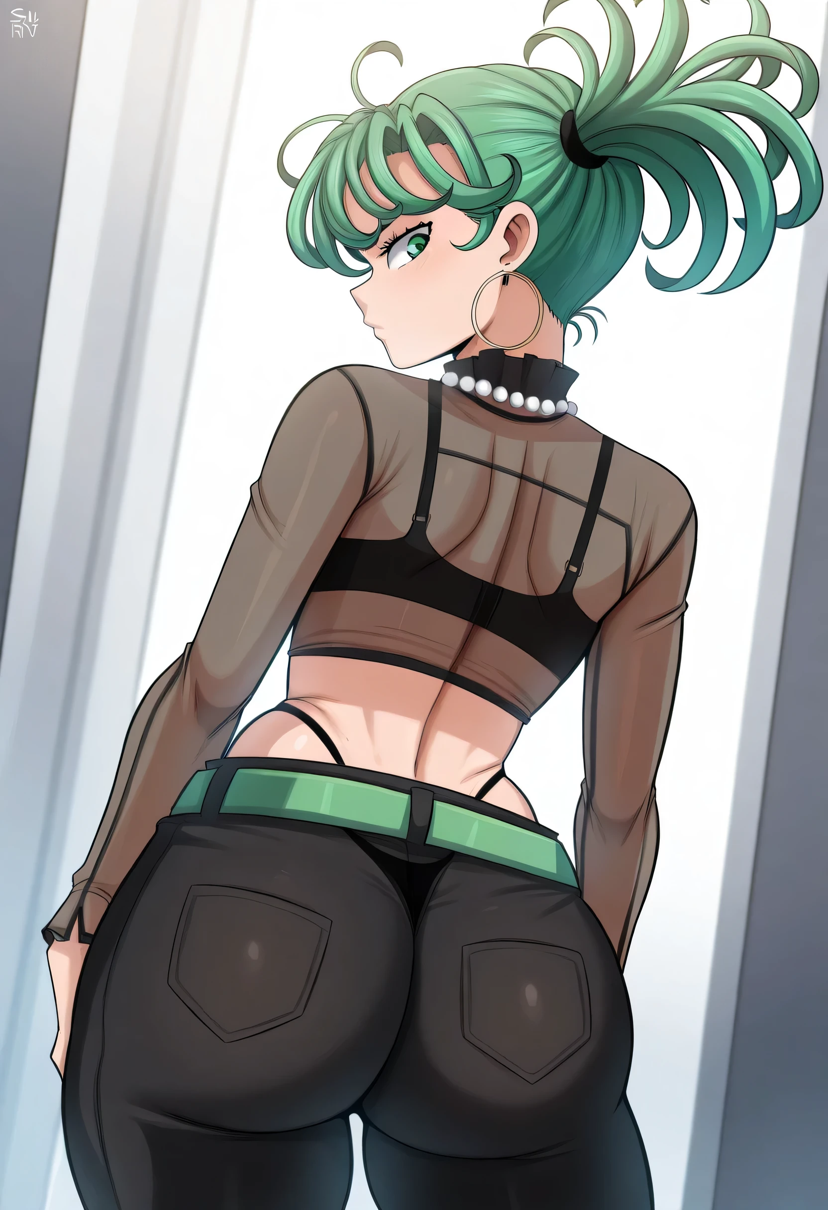 (masterpiece,amazing quality,best quality),blaash,astroostylev5,solo,tatsumaki171,short hair,navel,jewelry,underwear,green eyes,panties,earrings,green hair,midriff,pants,necklace,bra,side ponytail,dated,see-through,black panties,highleg,black pants,black bra,hoop earrings,pearl necklace,highleg panties,see-through shirt,tatsumaki,green belt,cowboy shot,from behind,looking back,
