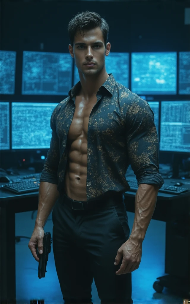 Change a futuristic baground with realistic pace and strong six pack abs and remove sert and strong macle