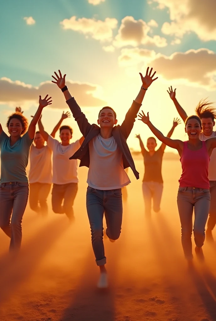silhouette of a group of people jumping in the air