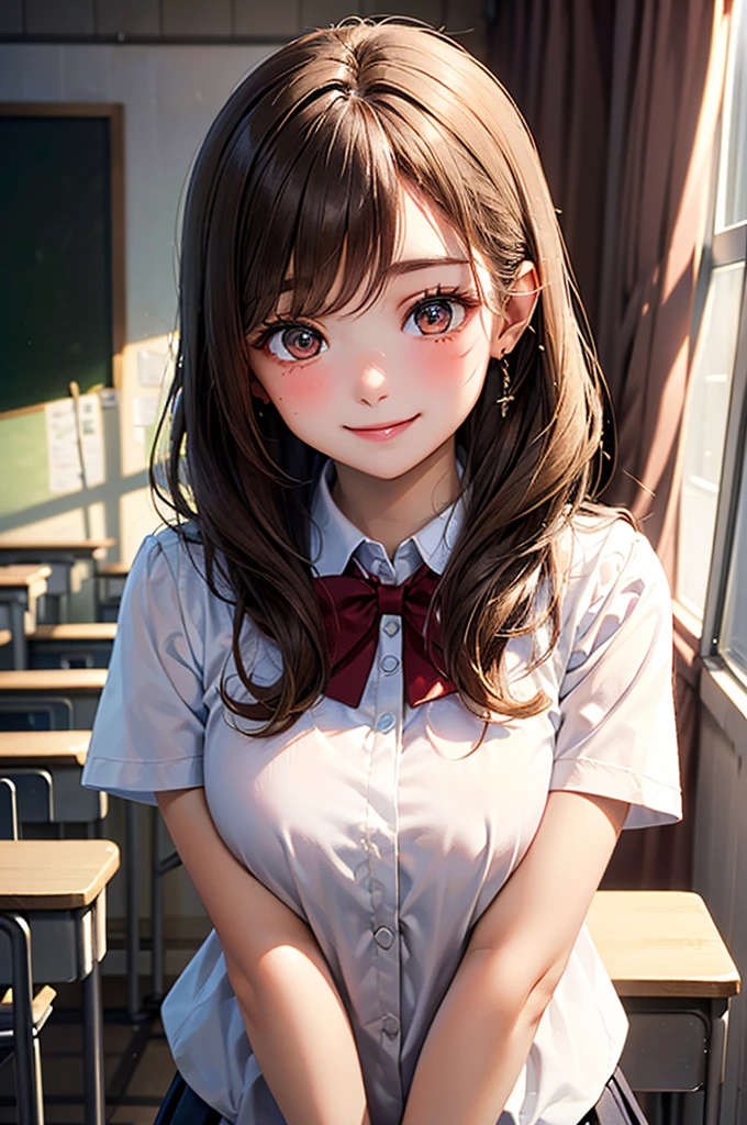 very cute and beautiful girl,(highly detailed beautiful face), (seductive smile:1.2),blush,embarrassed,looking at viewer,black hair,serafuku,short sleeve,pleated navyblue mini skirt, standing near bed sheet,arms behind back,school bag,pouch,antique hotel bedroom,window,distant town view, (best quality,masterpiece:1.0),absurdres,highres,ultra-detailed,extremely detailed,32k,8k resolution, intricate details,cinematic scene,detailed background,solo,dynamic angle, perfect hands,