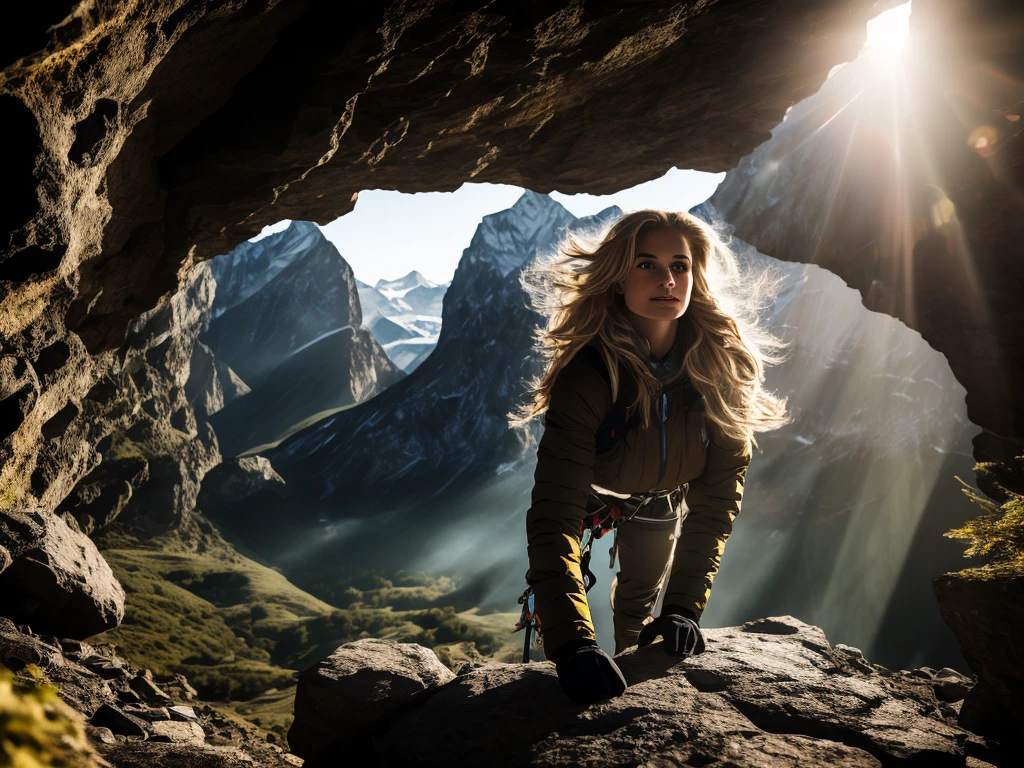 full shot, 1 girl, age19, Solo, Long hair, Looking at viewer, (blonde hair), (((crouching slightly on a narrow wood plank bridge high above a canyon))), wood plank bridge crossing canyon,  Brown eyes,  Full body portrait, Realistic, wearing hiking gear, hiking boots, confident expression, determined, dramatic, ultra-high res.photorealistic:.1.4, (high detailed skin:1.2), 8k uhd, dslr, high quality, film grain, Fujifilm XT3