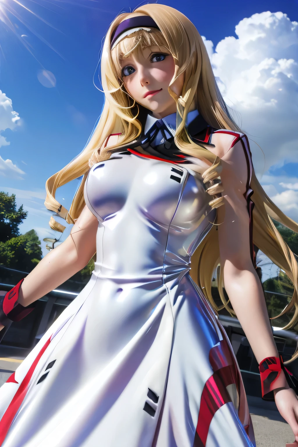 perfect anatomy top quality,highest resolution in elementary school,(((white shiny uniform one-piece dress Shiny Blonde long hair shiny skin))) Cecilia Alcott Infinite Stratos