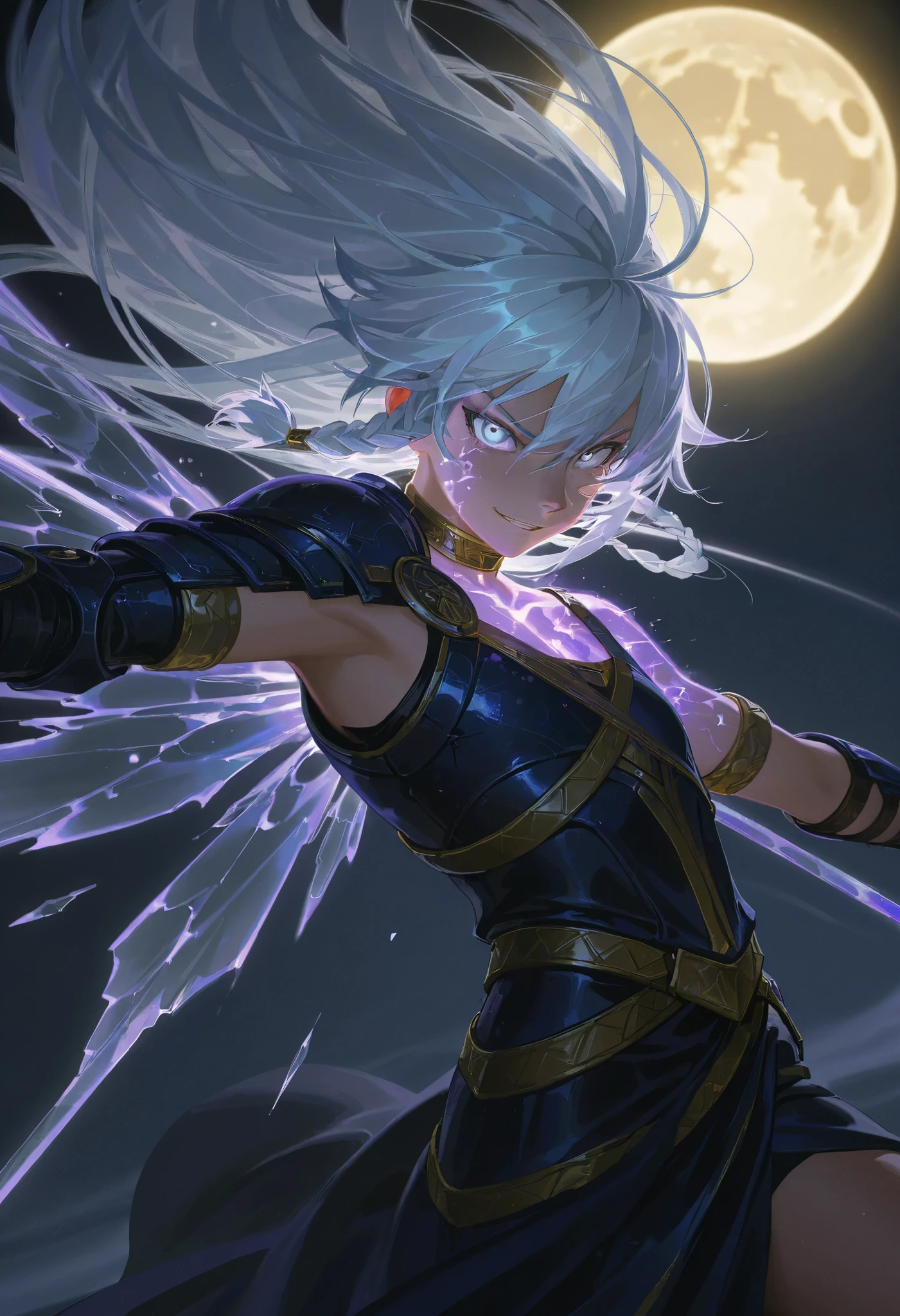 (side shot, from the side, turning around, solo:1.01), glowing aura, glowing body, photorealistic background and lighting, 4k, ultra detailed, impasto, extremely detailed, detailed background, dramatic shot, cinematic, volumetric lighting, (dynamic pose, woman, girl, young adult, 1girl:1.08), (FuHua, Fol005, Fh_Hos, fu hua:0.97), asymmetrical armor, modern armor, crystal armor, crystal hair ,white hair, braided hair, gray eyes, glowing eyes, aura trails coming from her eyes, very long hair, seraphim angel, aura wings, thunder wings, deadly aura, killing intent, disgusted expression, looking at viewer, flat chest, dark armor, light armor, magical spear, cosmic weapons, ancient greek clothes, armlet, golden choker, greco-roman clothes, glowing purple tattoos, field of cosmic swords, flying cosmic swords, smirk, glare, kevlar technology, (broken moon, shattered moon, cracked moon:1.03), tsurime, crazy laugh, Olympean motifs + Greek influences + Fallen angel