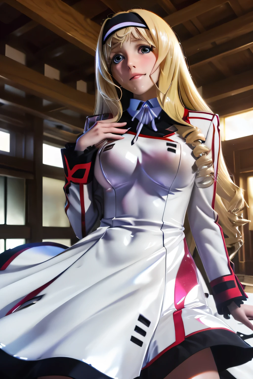 perfect anatomy　top quality,highest resolution in ,(((white shiny uniform　one-piece dress　Shiny Blonde　long hair　shiny skin)))　Cecilia Alcott　Infinite Stratos