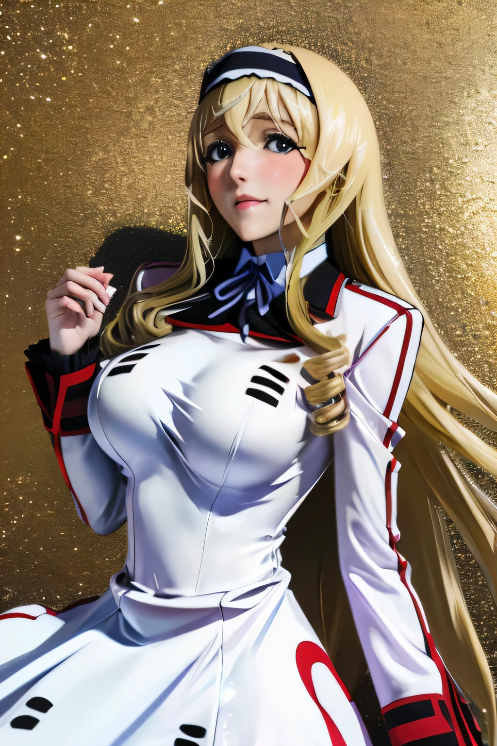 perfect anatomy top quality,highest resolution in elementary school,(((white shiny uniform one-piece dress Shiny Blonde long hair shiny skin))) Cecilia Alcott Infinite Stratos