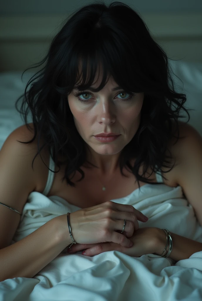 70s setting, grainy film, ultra-detailed, realistic, abstract, desperate tremor, sexual exhausted, hard breath, loosing control, hazy, sweat, desperation, soaked t-shirt, void, red lips, noir, messy sticky hair, bob cut, natural skin texture, from above
