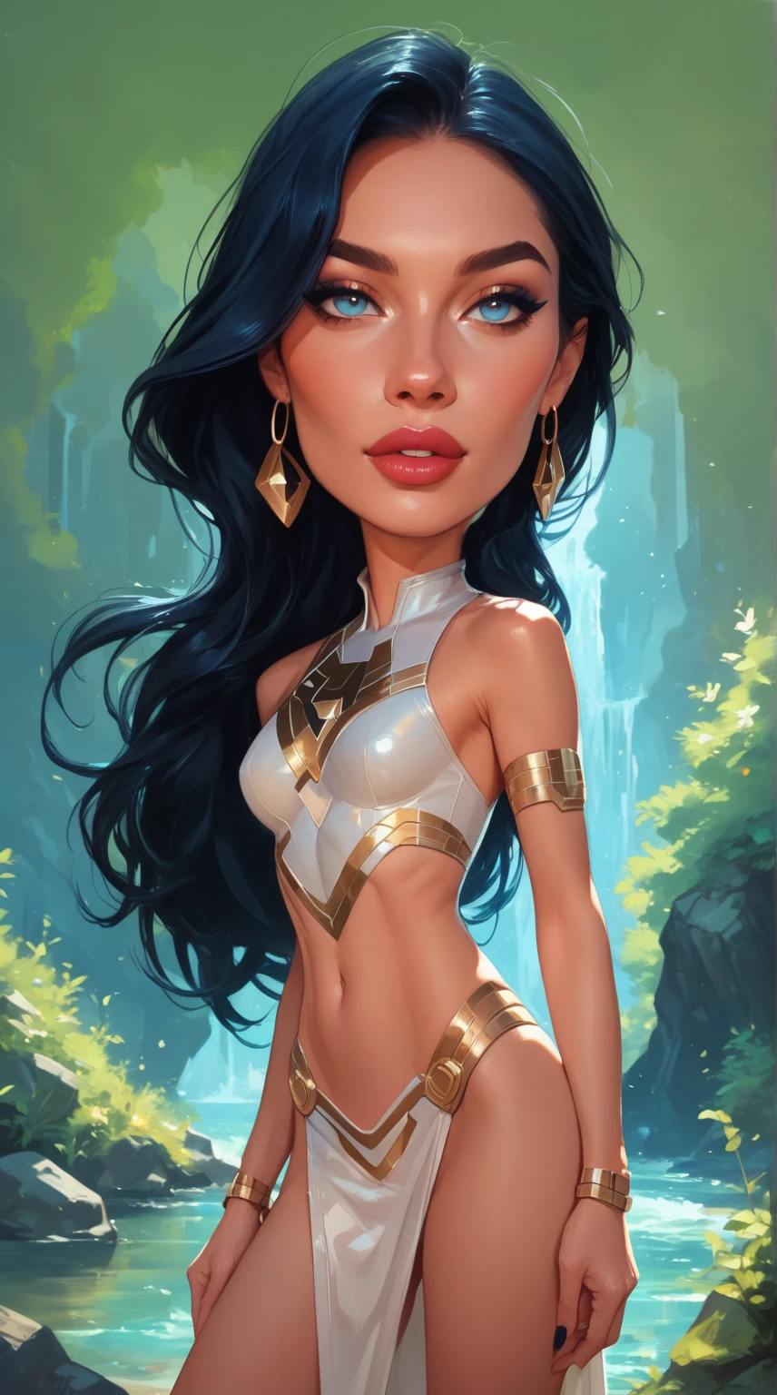 a curvy and big-breasted Brazilian heroine, wearing a sexy river blue high-leg leotard. She has a powerful and confident stance, embodying her connection to the Amazon rainforest. Her appearance is enhanced with natural elements, such as subtle water and plant motifs on her leotard, and her long, flowing hair reflects the vibrancy of the river. The background shows the lush, green environment of the Amazon rainforest, emphasizing her role as a protector of nature.