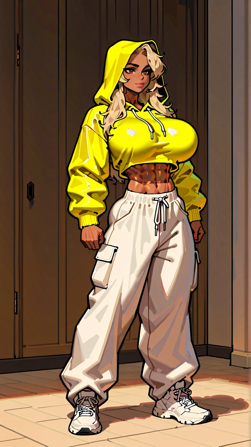 Brazilian ebony girl, dark skin.tight pink jean pants, gray blouse. long straight yellow hair. busty. Most beautiful woman in the world. Comic style. Dark skin