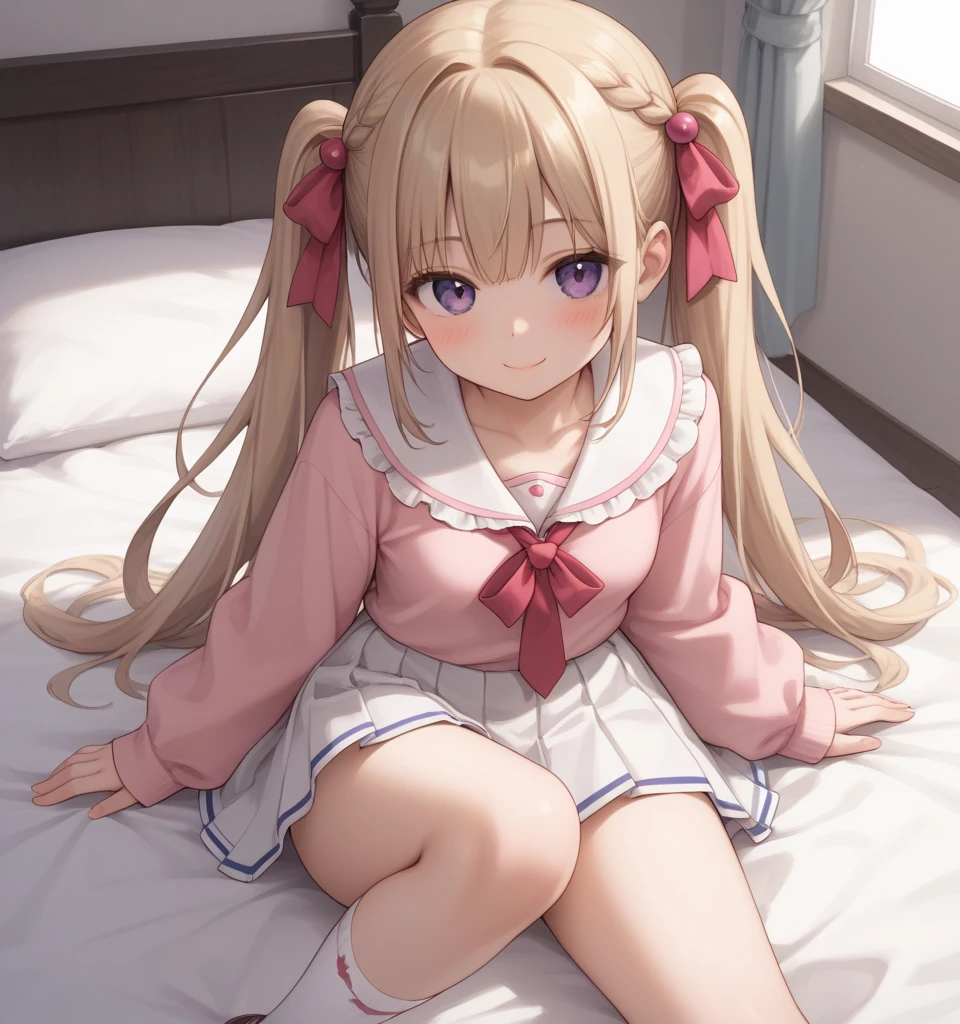 pretty girl、Young face、Blonde、Twin tails、Wavy Hair、Pink eyeischievous face、Spoiled brat、uniform、(Sailor suit)、Immature body、Small breasts、Sticking out tongue、Long and cute tongue、smile、Sweat、sexy panties、(Thick thighs:1.5)