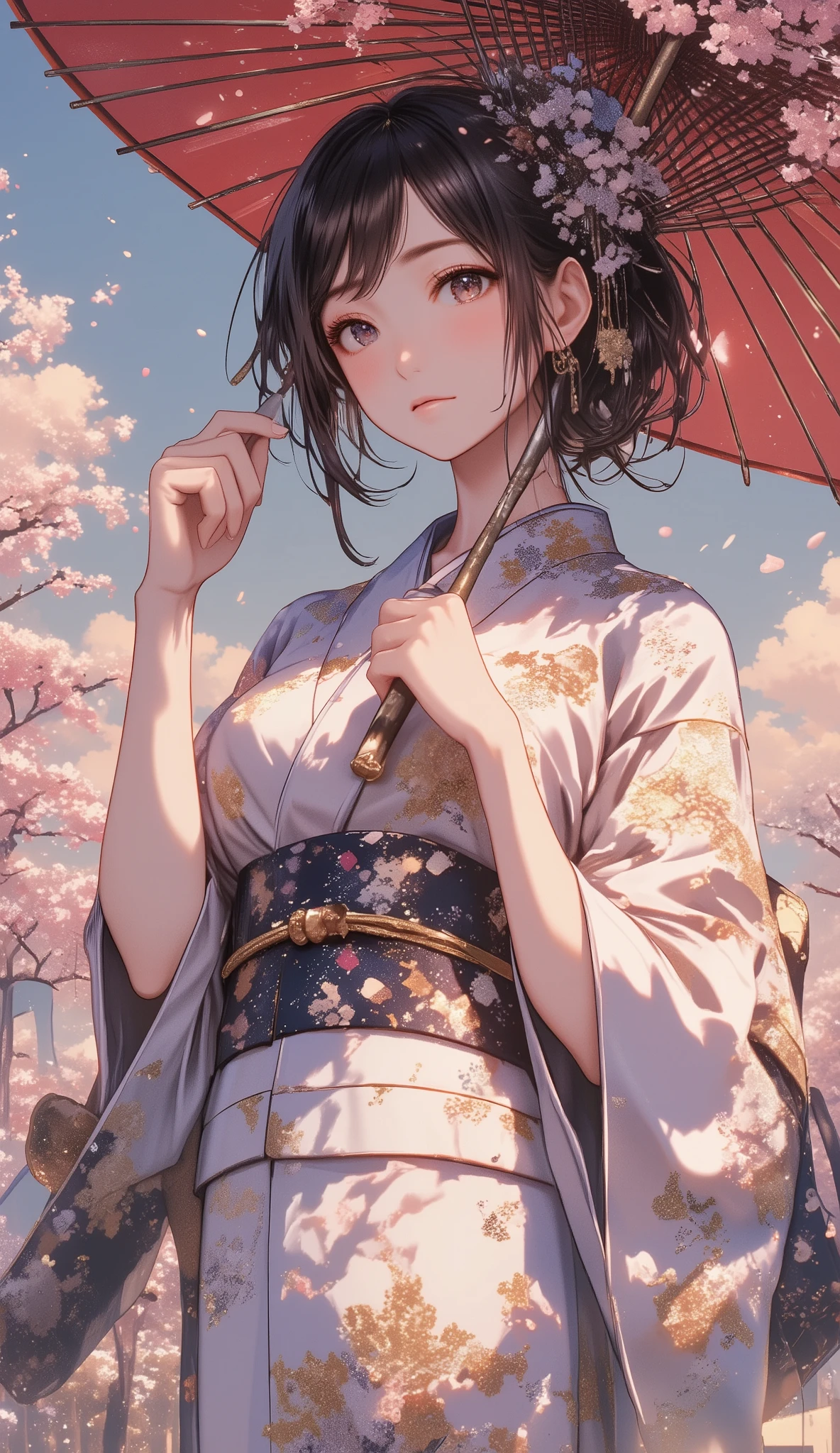 Woman holding a Japanese umbrella , Nishijin Textile Kimono , Japanese painting style, beautiful anime style portrait, Extra , detailed portraits of anime girls , Beautiful Anime Portrait , beautiful anime women , digital Animation illustration, Anime Style Portrait , Additional Art ,realistic, Beautiful Anime Girl Showing Naked Skin, Busty、deep cleavage、anime style digital art , Animation illustration, ponytail, Navy Blue Kimono , Background is Sakura Fubuki