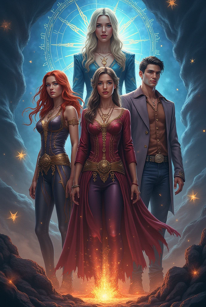 Estilo de fantasia, imagem 4k, imagem de elta qualidade. Trio of friends with magical powers; 2 garotas, e 1 garoto/menino. Personagens de cabelo de cor diferentes assim com o tom da pele.