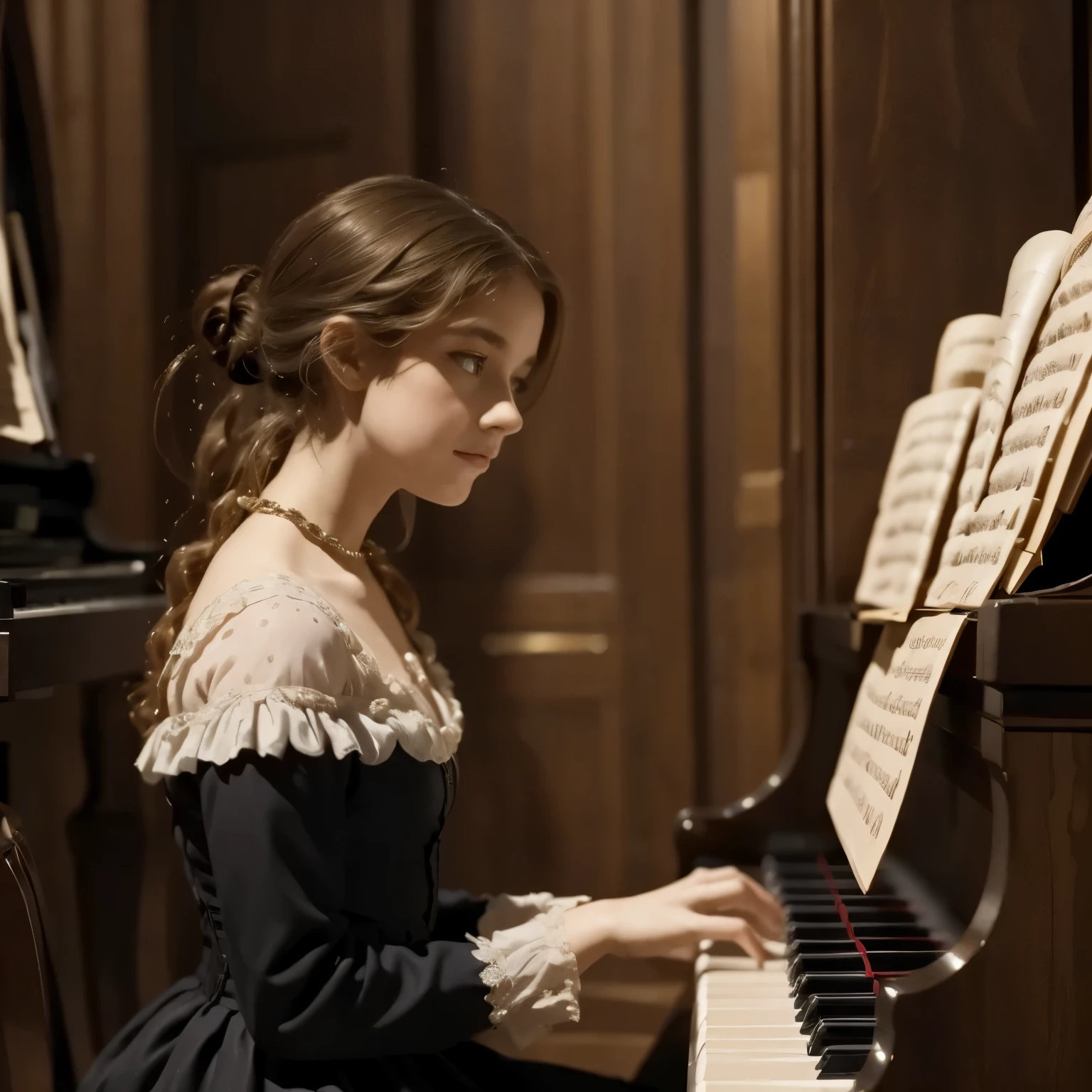 A girl play to piano the songs from the song by Franz Schubert, Page. 560: n. 7... concert 1828s