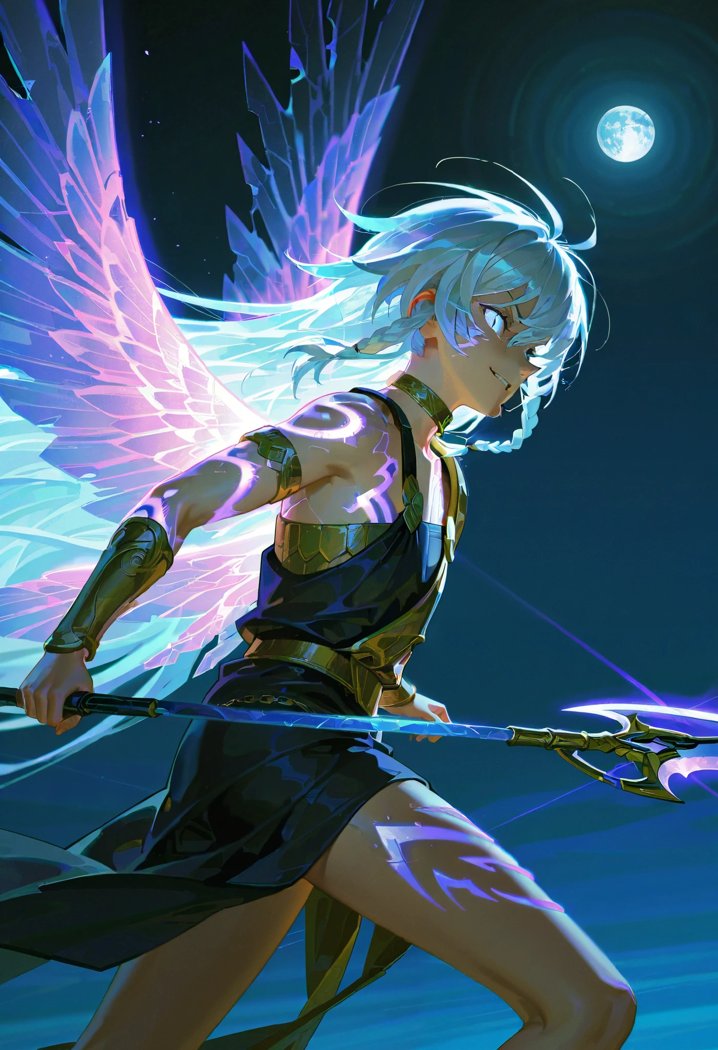 (side shot, from the side, turning around, solo:1.01), glowing aura, glowing body, photorealistic background and lighting, 4k, ultra detailed, impasto, extremely detailed, detailed background, dramatic shot, cinematic, volumetric lighting, (dynamic pose, woman, girl, young adult, 1girl:1.08), (FuHua, Fol005, Fh_Hos, fu hua:0.97), asymmetrical armor, crystal armor, crystalline hair ,white hair, braided hair, gray eyes, glowing eyes, aura trails coming from her eyes, very long hair, seraphim angel, aura wings, thunder wings, deadly aura, killing intent, disgusted expression, looking at viewer, flat chest, dark armor, light armor, magical spear, cosmic weapons, ancient greek clothes, armlet, golden choker, greco-roman clothes, glowing purple tattoos, field of cosmic swords, flying cosmic swords, smirk, glare, kevlar technology, (broken moon, shattered moon, cracked moon:1.03), tsurime, crazy laugh, Olympean motifs + Greek influences + Fallen angel