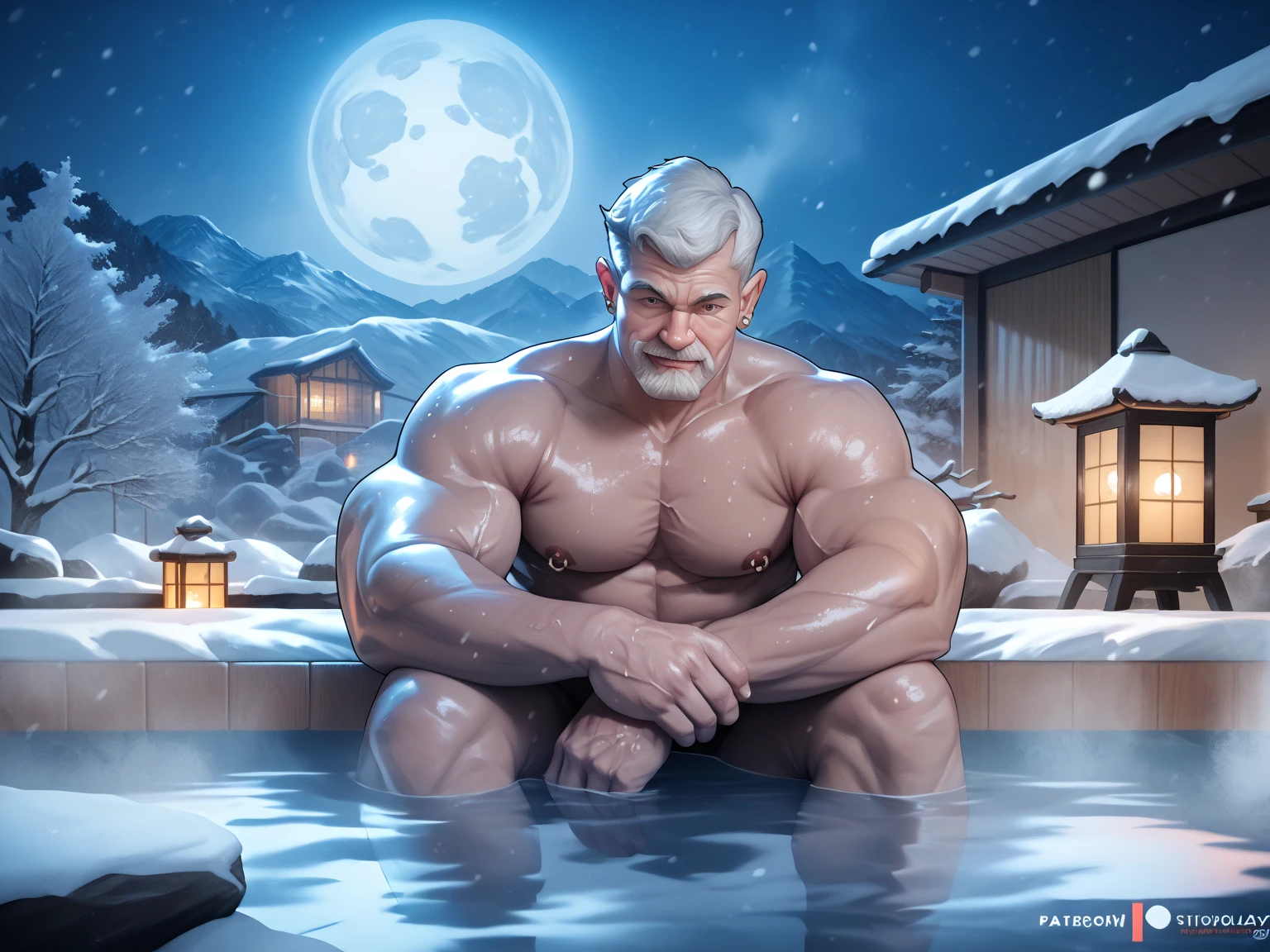 huge muscular old man soaking in an open onsen, white and short hair, white beard, old, old man, grandpa, half submerged, huge scar on chest, , (huge muscular), (yakuza tattoo:1.2), detailed muscles, 8k, masterpiece:1.2, hyperrealistic, white fundoshi:1.2, highly detailed full body, ((really big muscle, massive muscular, sixpack, thick arms, wide pectoral, super huge muscle, small head, huge shoulder, hyper muscular, submerged, floating steam, over sized muscle, huge arms, big arms, huge pectoral)), rich colors, serene atmosphere, hot spring, landscape, soft ambient lighting, wrinkled skin, happy expression, reflective water, peaceful relaxation