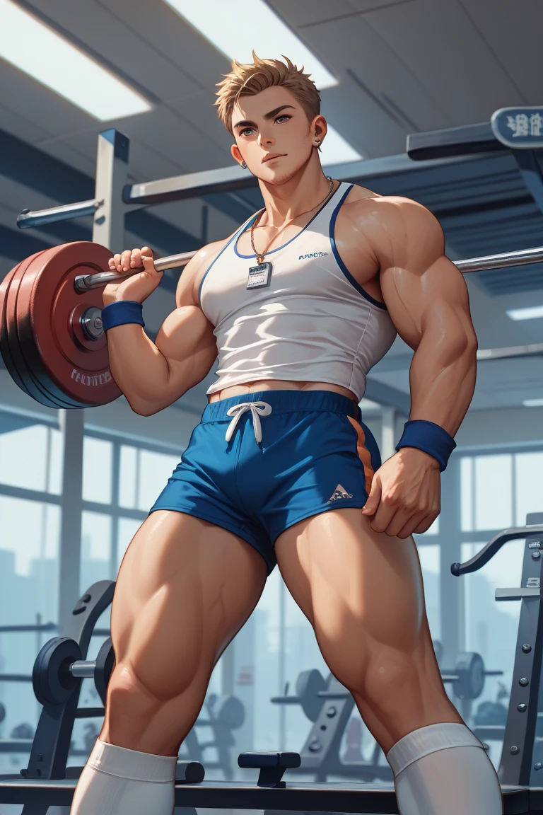 A male athlete,Wearing a red and blue Nike sleeveless top and black Nike shorts,He is muscular,Shot from below,Orange background,Wear Nike socks,sit