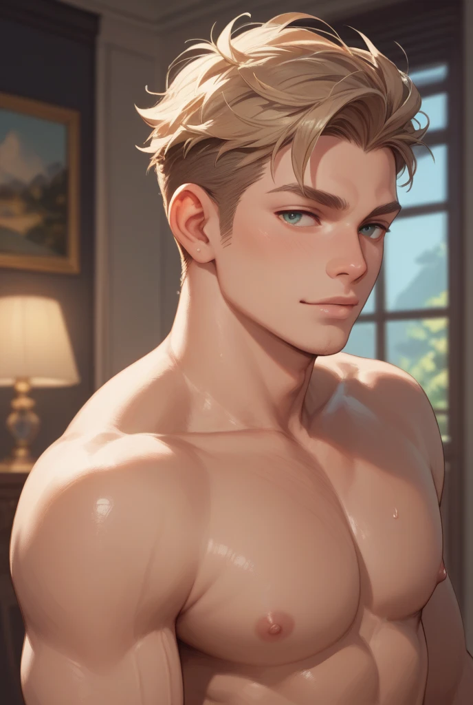 close up on the face of handsome (shirtless:1.1) 21yo sexy blonde twink, slender features, perfect features, top view in bed, looking up, from above, (handsome:1.4), slender lips, blonde eyebrows, tousled hair, predatory look, cute face, young face, green eyes, homoerotic, life-like photo, dramatic lighting