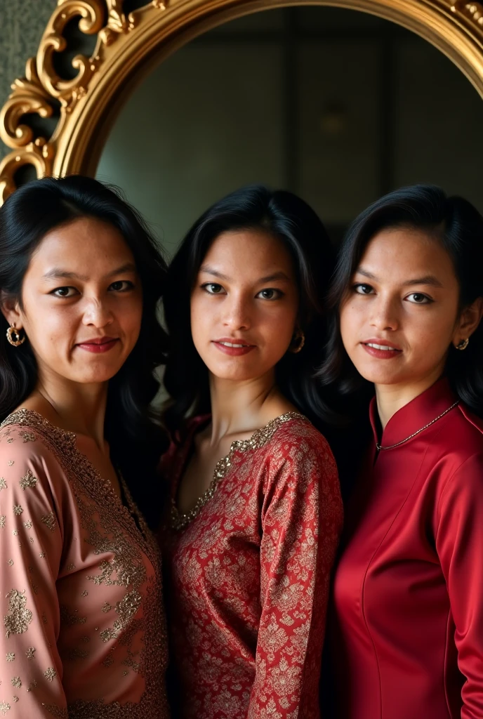 1 Family, Potrait of 3 wife Indonesian-local girl,in the living room (24 years old(husband))with comma haircut, Harem (Polygamy), long fashion hair, fit body, small cleavage, skintight black lace kebaya, batik skirt, masterpiece, highly detailed, ultra hd, 8k, detailed face, detailed eyes, detailed hair texture, perfect eyes, detailed realistic skin texture, detailed lips, sexy lips, perfect hands, dynamic angle, cowboy shot, rich family
