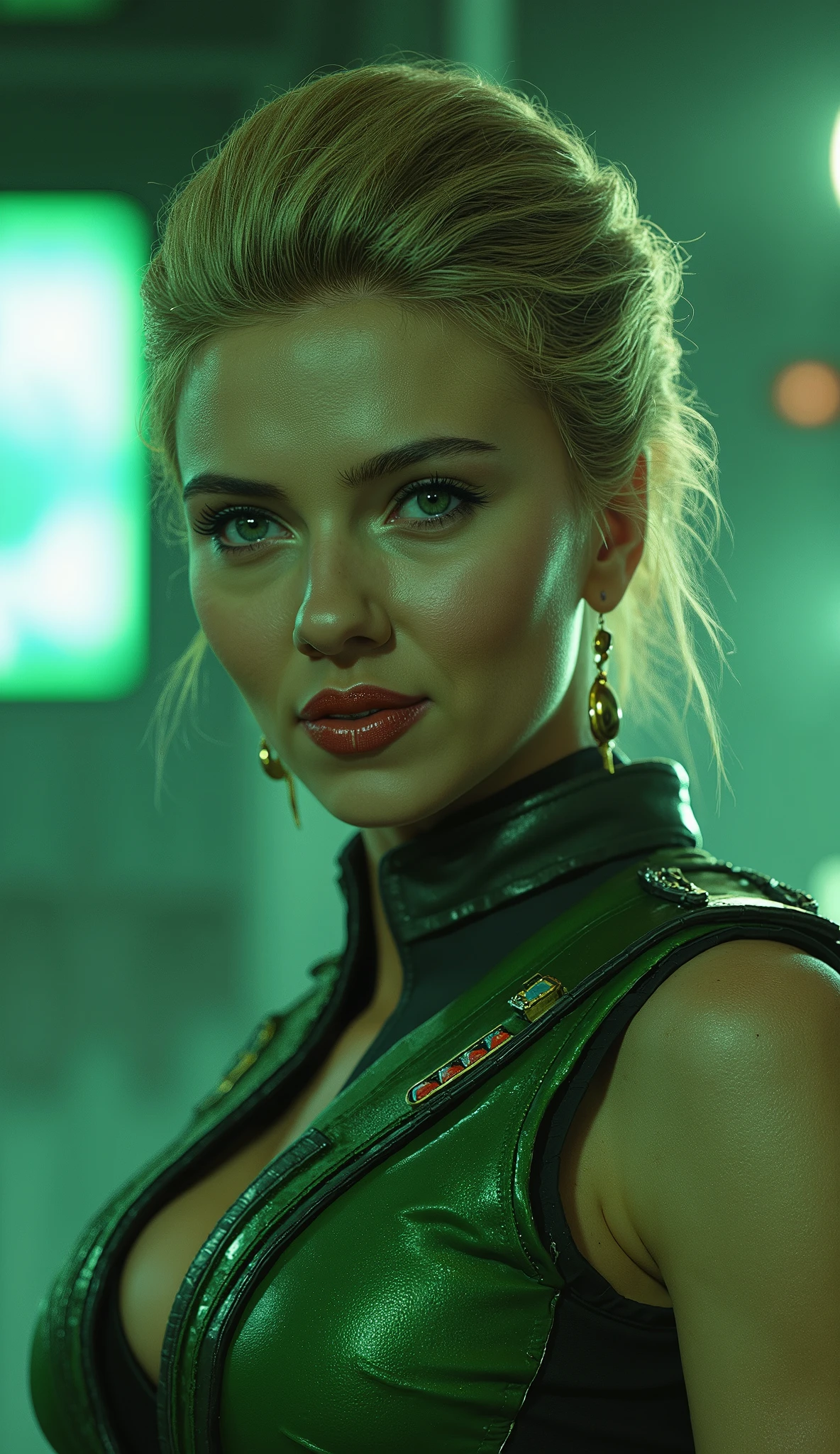 Here is a detailed prompt to generate an image **super realistic** by Scarlett Johansson as **Sonya Blade**, focused on **upper body**, in a bright green military outfit and striking details, and a striking background: --- **"Close-up hiper-realista by Scarlett Johansson as Sonya Blade, the experienced combat lieutenant of * mortal kombat*. She is in a confident and powerful pose, with a determined and focused expression , transmitting strength and combat readiness. She wears a bright green military suit, with reflective metallic details and badges that highlight her status as an experienced soldier. The lighting is dramatic , with shades of green and silver, creating strong contrasts between light and shadow. The background is a realistic setting of a high-tech military base, with neon lights, holographic screens and soft smoke, adding an intense and enveloping atmosphere."** --- **Extra details for realism:** - **clothing:** Bright green military fabric, with metallic reflections and hyper-realistic textures. - ** Expression:** looking determined and focused , conveying the essence of an experienced and ruthless soldier. - **Bottom:** Hyper-detailed textures on the military base's equipment and neon lights. This prompt combines iconic Sonya Blade elements with Scarlett Johansson's unique look, ensuring a cinematic and immersive result! 🔥