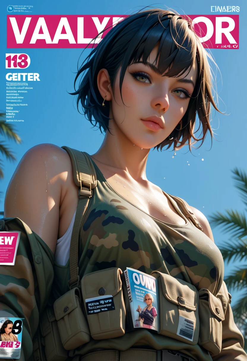a woman wearing a tight-fitting woven t-shirt top. olive green weave. deep v-neck. top has a tasselled v-shaped lower hem. army camouflage pattern miniskirt, black fishnet tights