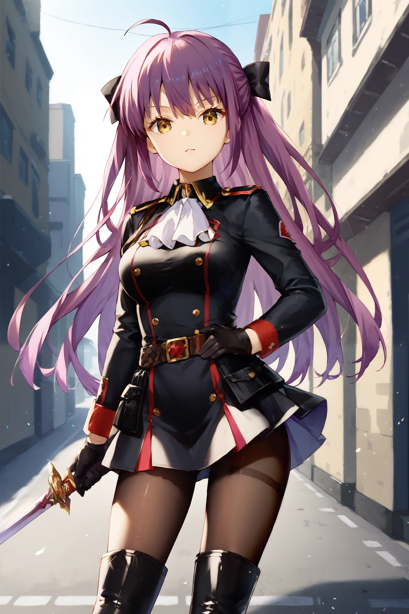 perfect quality, best quality, absolutely eye-catching, masterpiece, absurd res, 1girl, solo, adult_girl, pretty_face, futaki kanata, yellow eyes, medium breasts, small ahoge, purple hair, hair bow, uniform, black boots, ((shinsengumi_uniform)), (black_military uniform), black_gloves, pantyhose, (thigh_long_boots), high_heels, brave perspective, holding sword, outdoors, street,