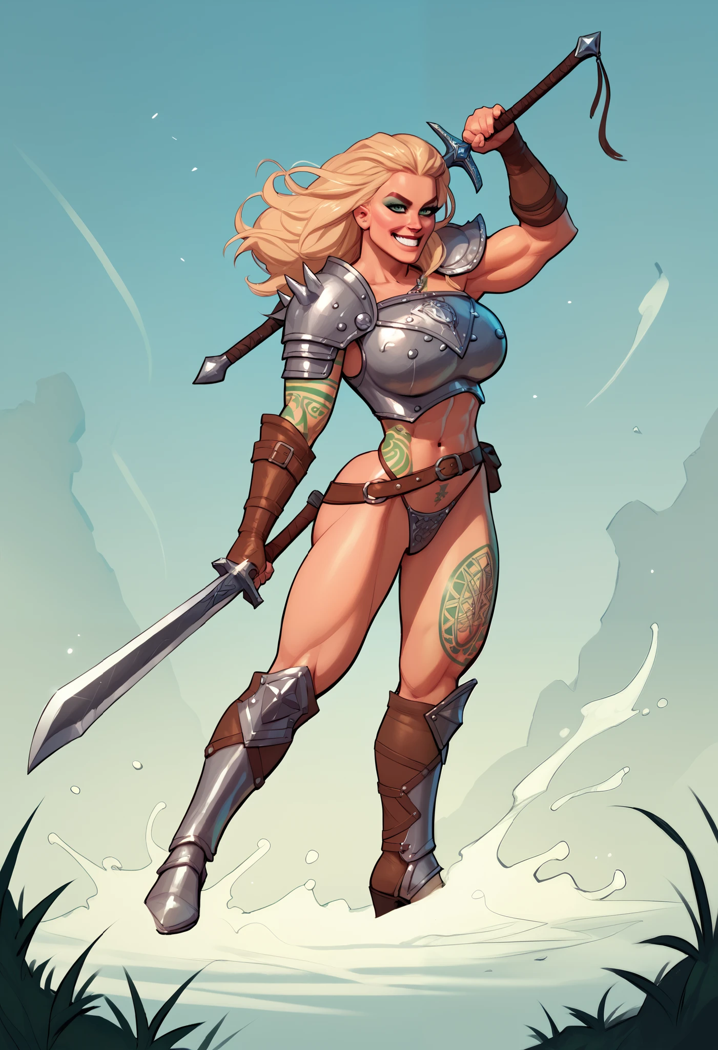 painting of a couple of people sitting on a throne with a large axe, mark brooks frank frazetta, tyler edlin fantasy art, by Tim Hildebrandt, by Johannes Helgeson, female viking, by Greg Hildebrandt, adrian smith fantasy art, norse goddess, by Tim and Greg Hildebrandt, barbarian, michael whelan and karol bak, by Daniel Ljunggren