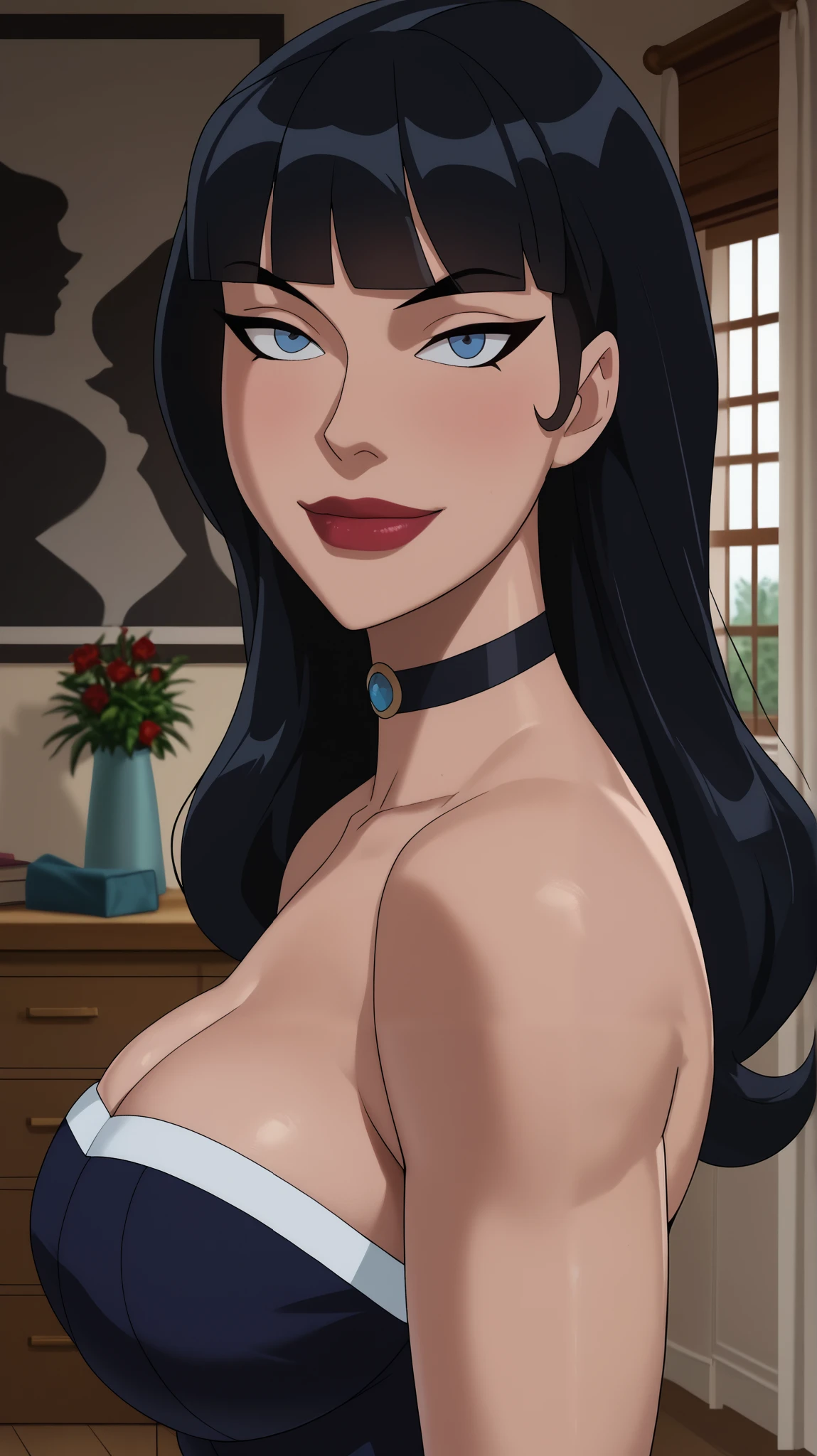 Score_9, Score_8_up, Score_7_up, Score_6_up, Score_5_up, Score_4_up, Source_cartoon, Tag1, Tag2, Quality_masterpiece, Anatomically correct, Beautiful face, Perfect face, Highly detailed beautiful face and eyes, Attractive face, Detailed face, Delicate facial features, Detailed skin, Wide hips, Huge butt, big butt, Thick thighs, Mature female, Bedroom eyes, Perspired BREAK Rating_safe, motherly face, bedroom, sultry woman, detailed eyes, looking at viewer, looking at viewer, mature female, young, sexy body, beautiful face, standing, Zatanna, long hair, blunt bangs, black strapless dress, choker, indoors, smiling, closed mouth, red lipstick, large breasts, sultry expression, blue eyes, black hair, ballroom, hands on hips, seductive pose