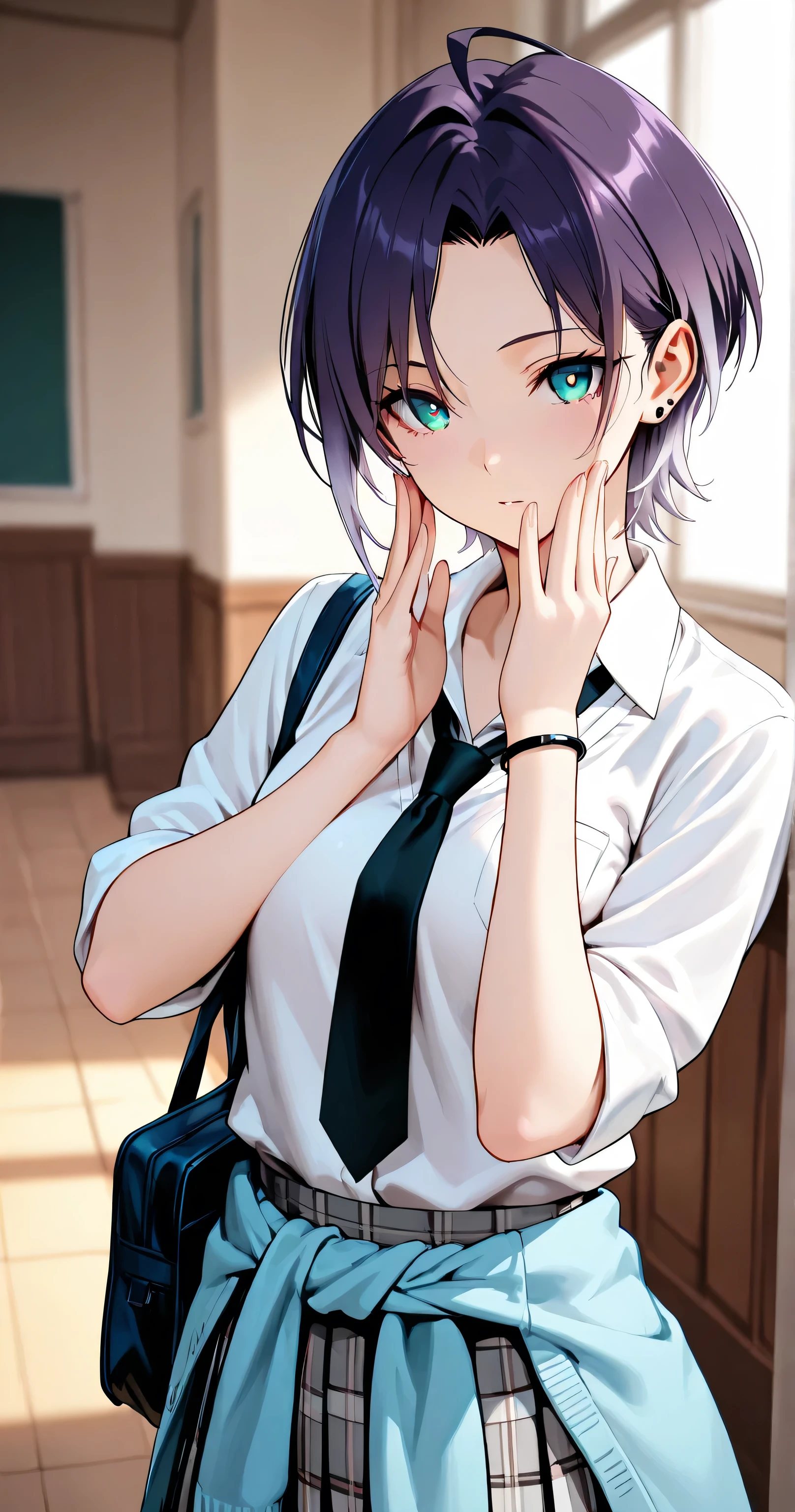 insanely detailed,
sharp focus on eyes and facial details, stunning clarity, sharp focus(1.5),
Well-defined facial features,
She is beautiful.
She is standing.
t_asakura, ahoge, gradient hair, (pale dark purple hair), multicolored hair, parted bangs(1.5), (deep aqua eyes), short choppy pixie cut, delicate strands, silky smooth, forehead(0.1)
beautiful eyes, detailed eyes, detailed irises, gentle shading,
Natural posing,
She is balanced proportions.
Beautiful breasts, small breasts, slender,
She wearing a school uniform.
school uniform, shirt, white shirt, bracelet, cardigan, (skyblue cardigan around waist), clothes around waist, jewelry, bag, school bag, ear piercing, (black necktie), (light gray plaid skirt),
Clear Skin, Alluring mystique,
Indoors, blurry background, No stuffed animals or toys, simple luxury background, minimalistic luxury setting,
soft ambient lighting,
masterpiece, best quality, ultra-detailed, 8k resolution,
Crisp details, vibrant details,
sharp focus,
1girl, solo, perfect anatomy, correct generation of hands, 4fingers and 1thumbs, visible hands in a natural pose, both hands clearly visible, nice hands, perfect hand.
2D anime style(1.3),
face shot, front view, looking at viewer,
highly detailed face, slender body, flawless skin.