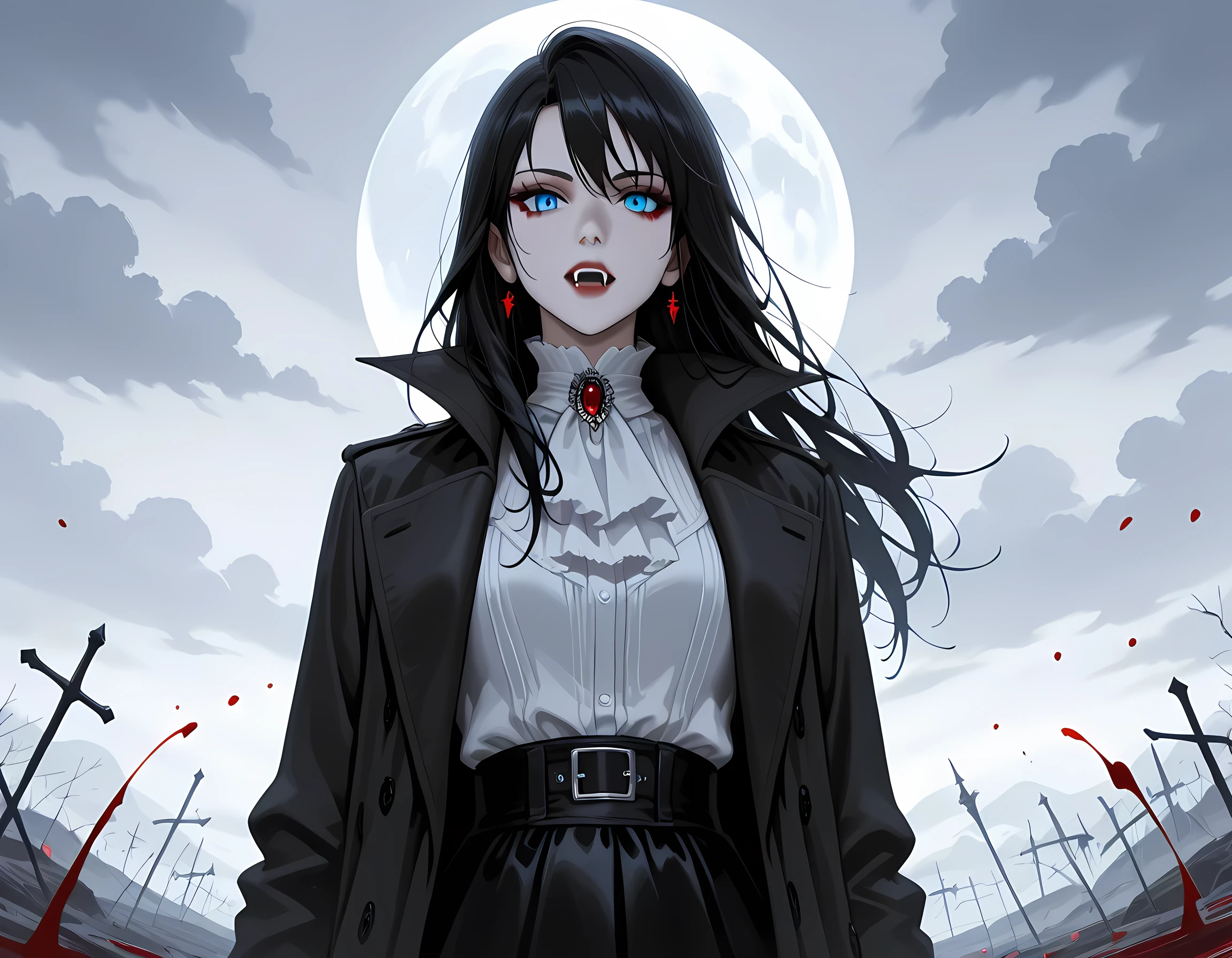 score_9, score_8_up, score_7_up,goth black and white anime art, (black and white art: 1.5) mostly black and white, a picture of a beautiful female vampire, best detailed face, black hair, long hair hair, blue eyes, wearing trench coat, wearing a skirt, wearing white leather shirt, it is cloudy night (only colors are the blood and the eyes), vampyfangs1, fantasy, Cinematic Shot