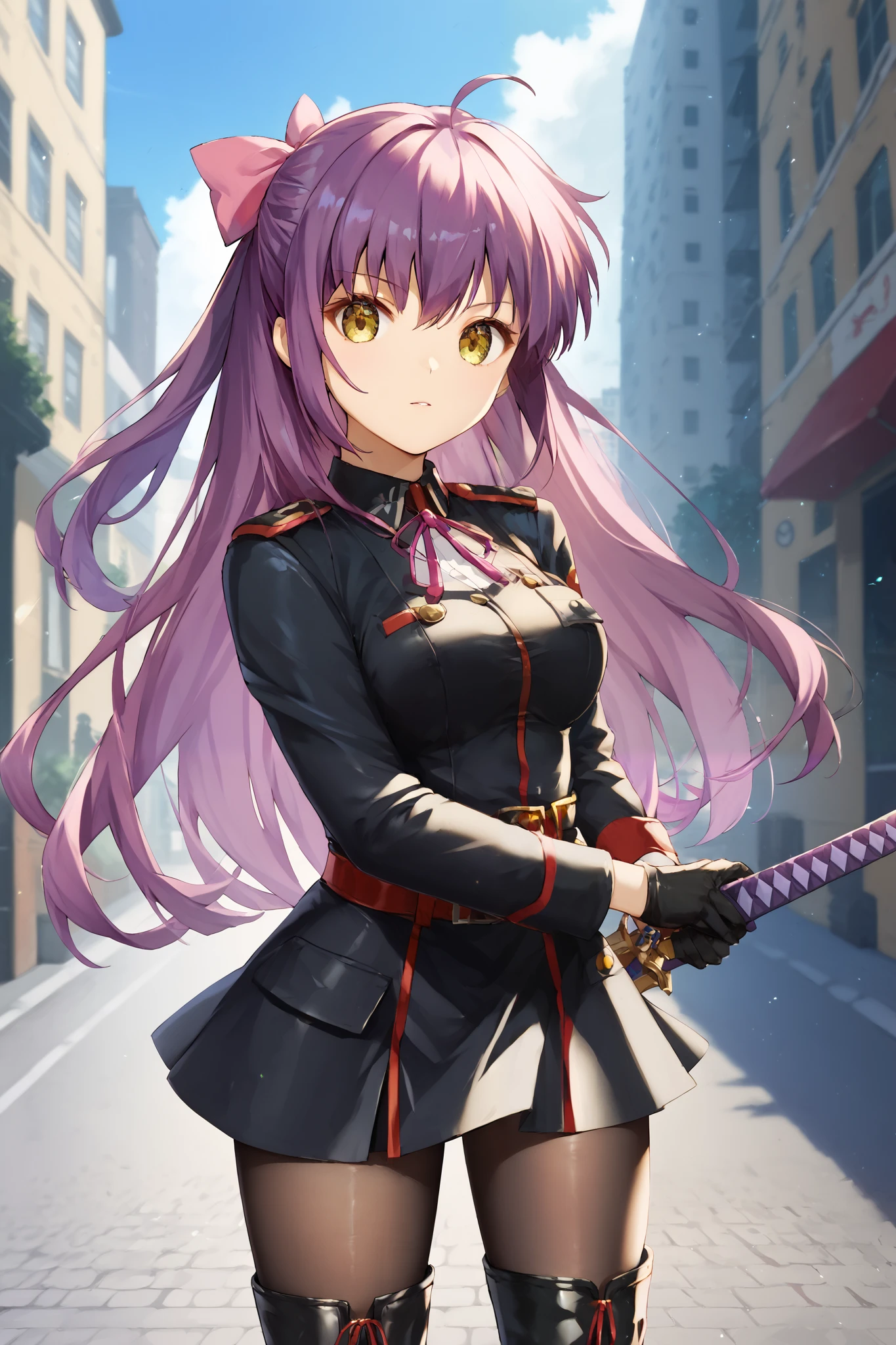 perfect quality, best quality, absolutely eye-catching, masterpiece, absurd res, 1girl, solo, adult_girl, pretty_face, futaki kanata, yellow eyes, medium breasts, small ahoge, purple hair, hair bow, uniform, black boots, ((shinsengumi_uniform)), (black_military uniform), black_gloves, pantyhose, (thigh_long_boots), high_heels, brave perspective, holding sword, outdoors, street,