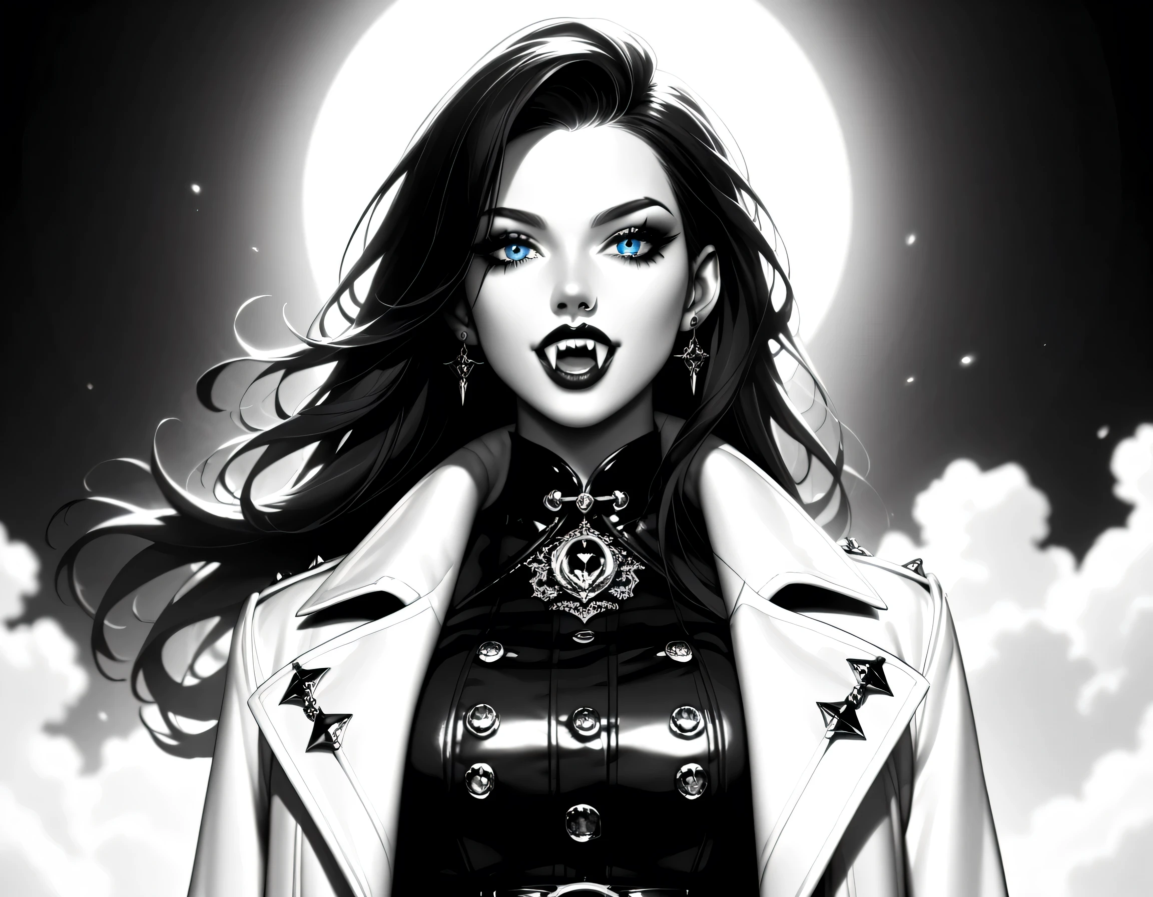 score_9, score_8_up, score_7_up,goth black and white anime art, (black and white art: 1.5) mostly black and white, a picture of a beautiful female vampire, best detailed face, black hair, long hair hair, blue eyes, wearing trench coat, wearing a skirt, wearing white leather shirt, it is cloudy night (only colors are the blood and the eyes), vampyfangs1, fantasy, Cinematic Shot