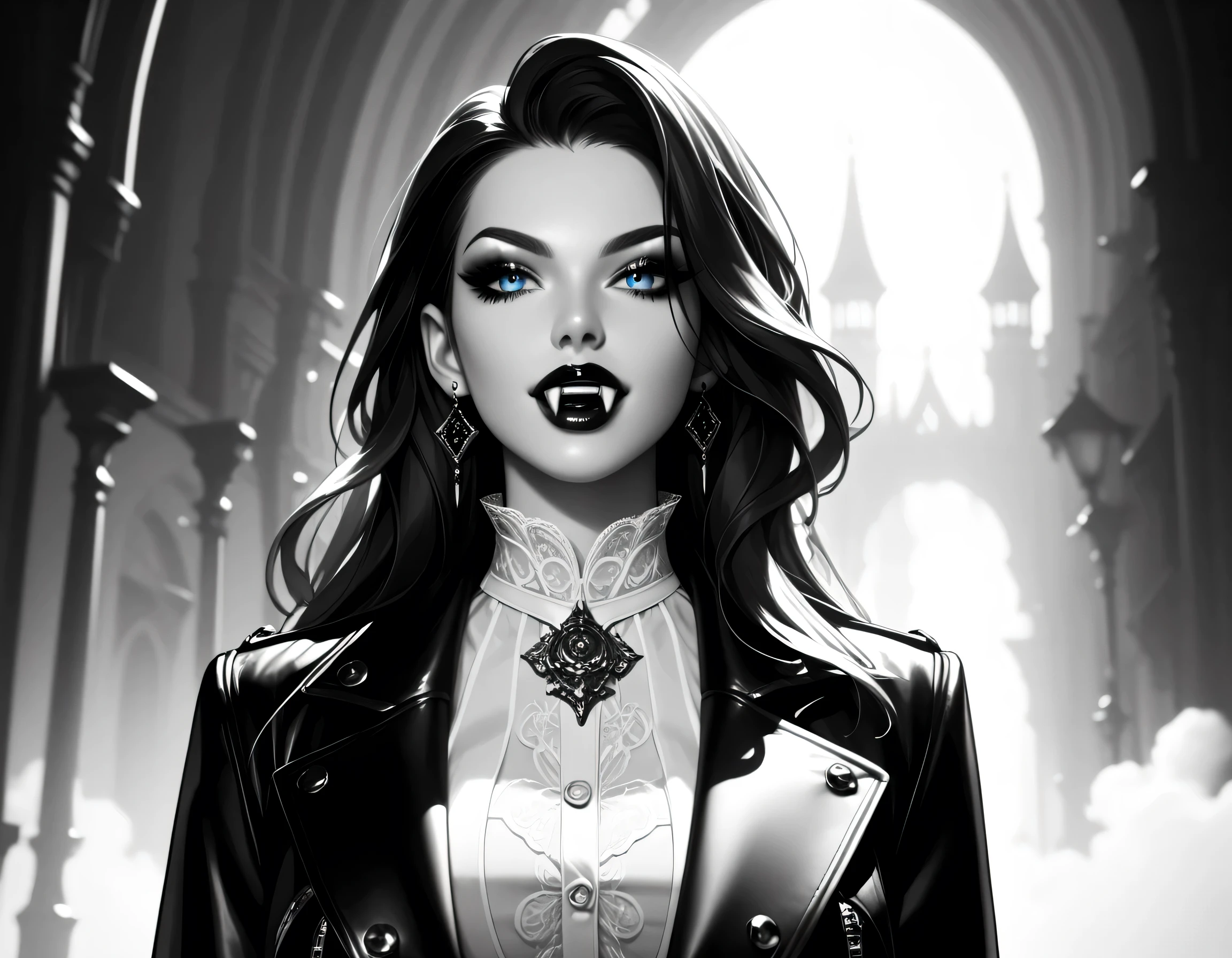 score_9, score_8_up, score_7_up,goth black and white anime art, (black and white art: 1.5) mostly black and white, a picture of a beautiful female vampire, best detailed face, black hair, long hair hair, blue eyes, wearing trench coat, wearing a skirt, wearing white leather shirt, it is cloudy night (only colors are the blood and the eyes), vampyfangs1, fantasy, Cinematic Shot
