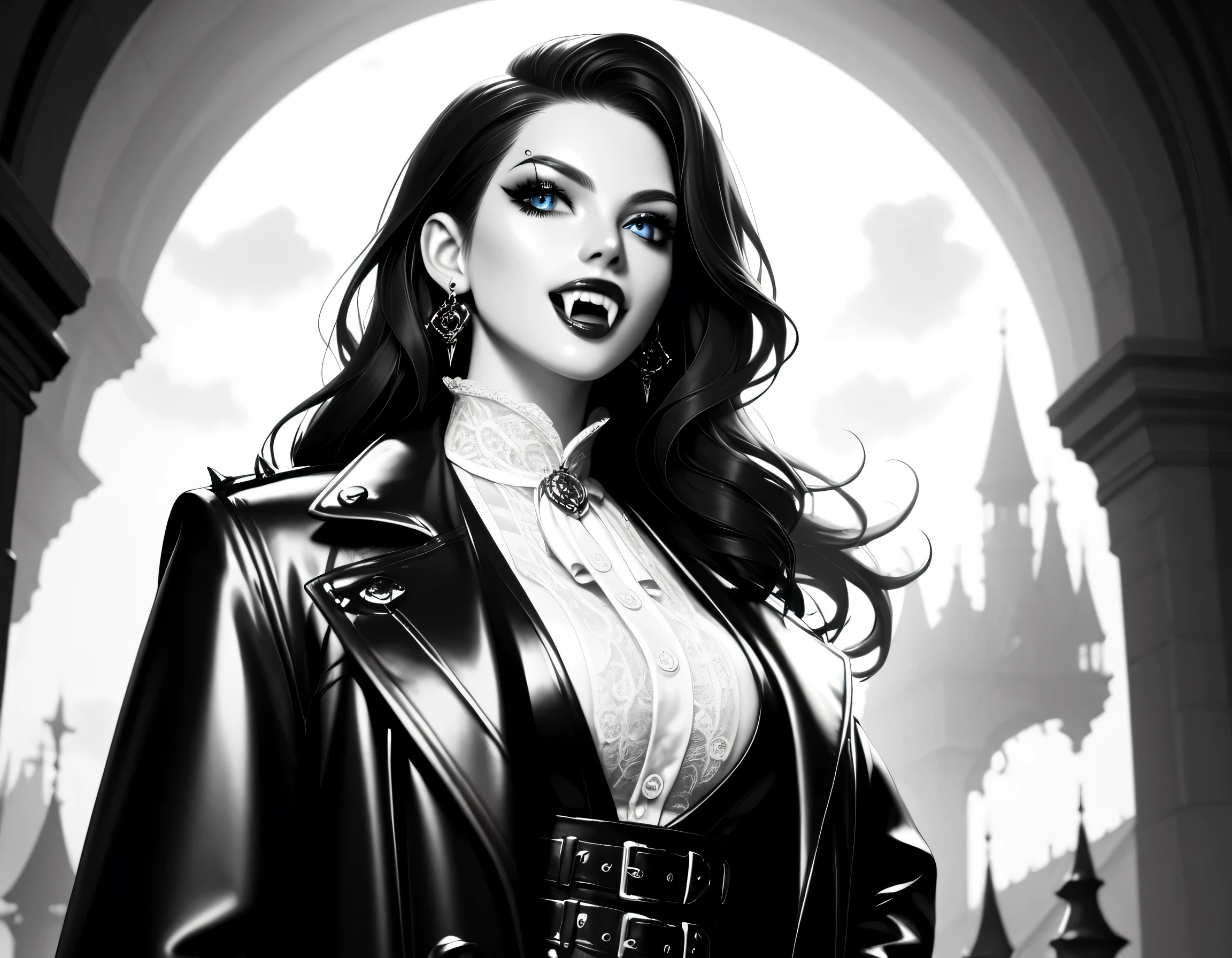 score_9, score_8_up, score_7_up,goth black and white anime art, (black and white art: 1.5) mostly black and white, a picture of a beautiful female vampire, best detailed face, black hair, long hair hair, blue eyes, wearing trench coat, wearing a skirt, wearing white leather shirt, it is cloudy night (only colors are the blood and the eyes), vampyfangs1, fantasy, Cinematic Shot