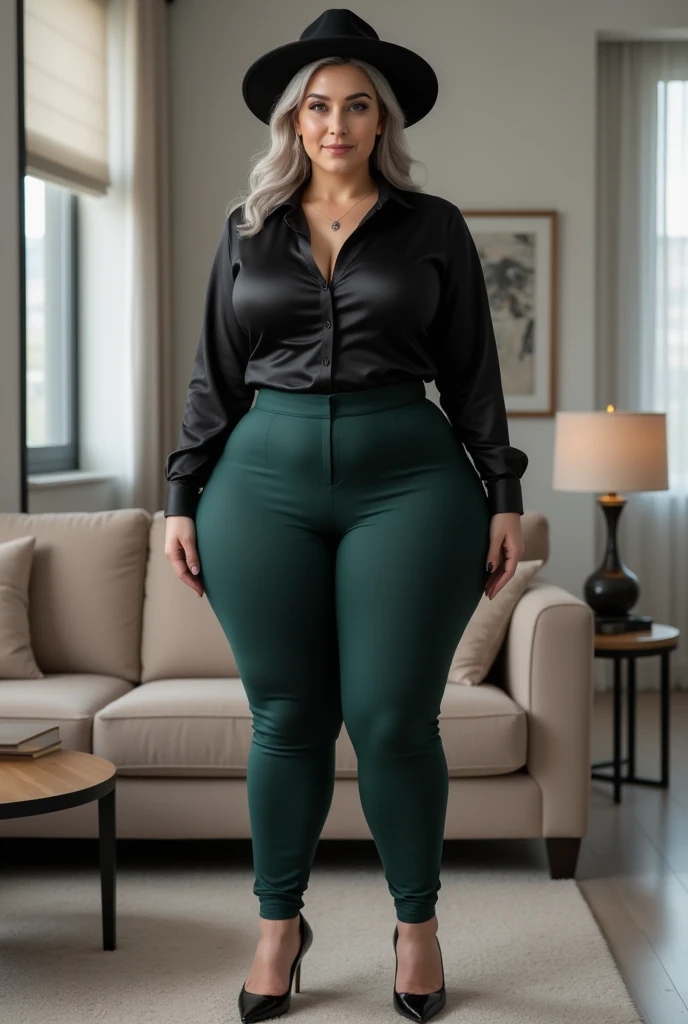 Ultra realistic photography of a thick woman, 5 meters tall, 50 years old, Wearing flared thin fabric pants, latin woman, outside of the house 
