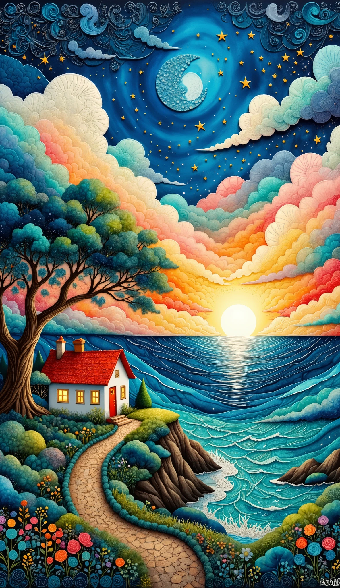 a vibrant and idyllic landscape scene at sunset. Depict a small, charming white house with a red roof nestled beside a gnarled tree on a lush green cliffside overlooking a turquoise ocean. The sky should be a dramatic display of swirling orange, pink, and white clouds against a deep blue backdrop, illuminated by a bright, glowing sun on the horizon. Use a painterly and highly saturated style, evoking tranquility and peacefulness. Aim for a dreamlike and stylized aesthetic, reminiscent of Studio Ghibli or Thomas Kinkade.