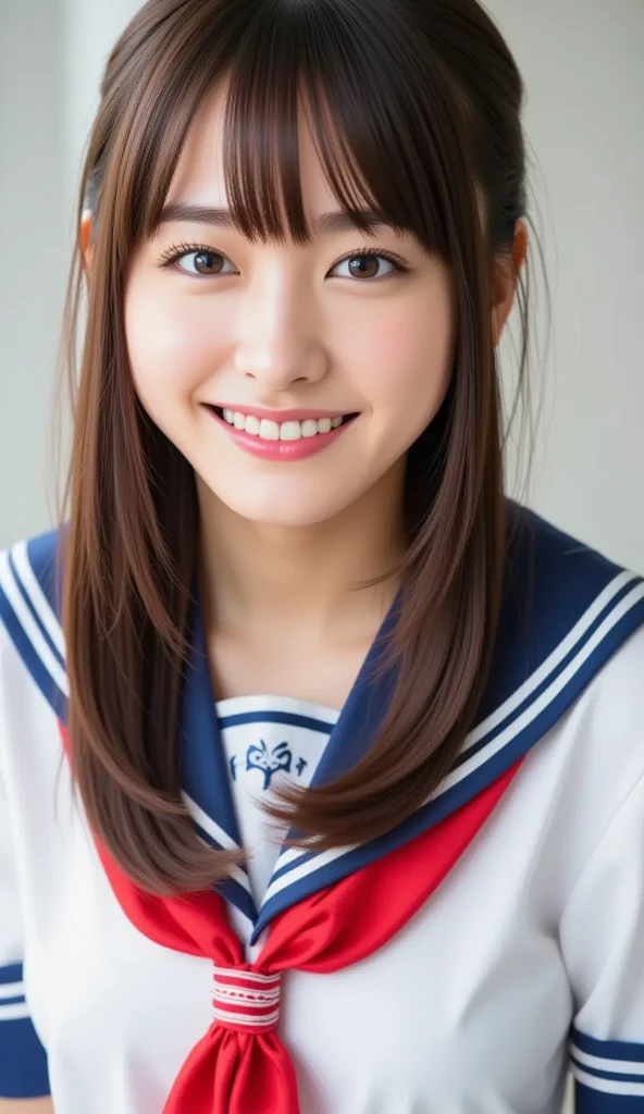 oil(highest quality, 8K, masterpiece, nffsw:1.2), (Raw photo), (realistic), (Photoreal:1.2), (High resolution), huge file size, super detailed, very beautiful face and eyes, 1 girl, (), infp young woman, round and small face, big breasts thin waist, smile、(((small breasts)))、(((white wall background)))、 (school uniform, sailor suit、白いsailor suit, dark blue pleated skirt:1.23), (bust shot)、(((brown hair)))、((半袖のsailor suit))、woman's face、(((upper body shot)))、(((lob hair)))、(((lob hair)))、(((cheeks are flushed)))、(((I have brown hair)))、(((red tie)))、(((Arms folded in front of the chest)))、(((laughing out loud)))、(((open your mouth)))、(((cheeks are flushed)))