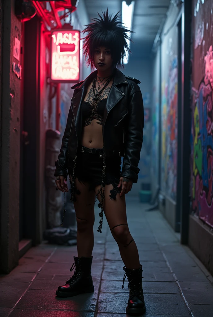 incredibly sexy leather clad punk rock revenge chick standing in a derelict alleyway in the rain at night