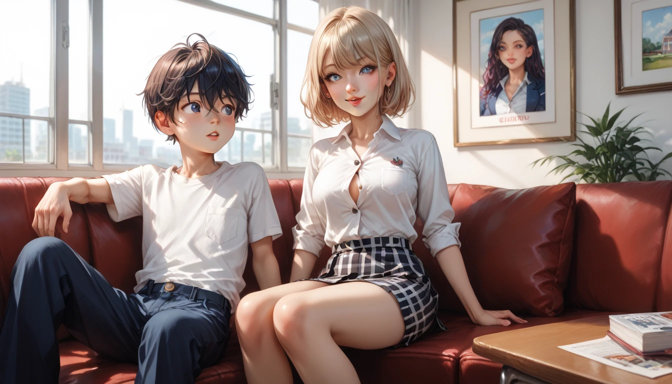1 male, 1 female, girl 25 years old, big chest, white shirt with open top buttons, checkered short skirt, sitting on the sofa, is sitting next to him, junior high school student , , a boy under , in short ren's shorts and a blue t-shirt