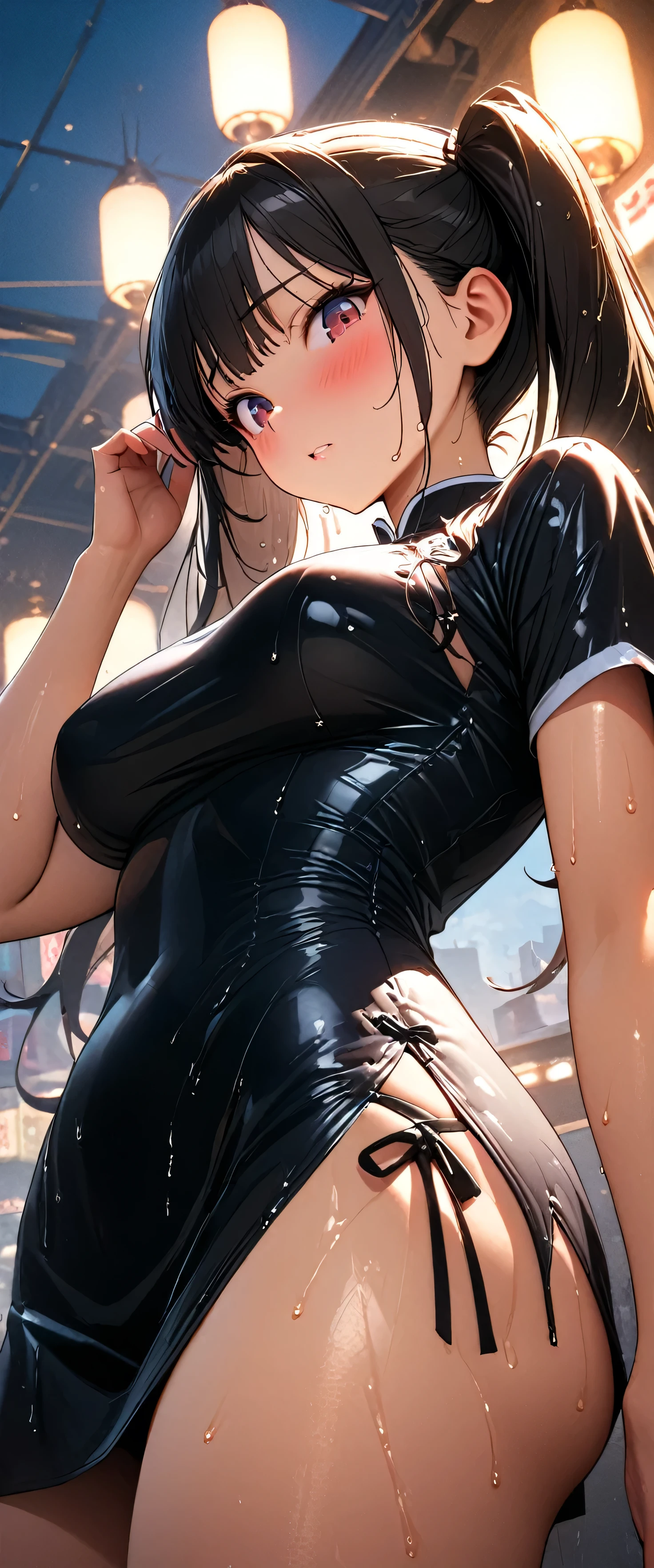 Twin tails、Highly detailed black cheongsam, Looks about , (beautiful girl: 1.3),Highest quality,8k,Highly detailed CG unit wallpaper,masterpiece:1.2,top-quality,Ultra-high resolution,RAW Photos,real texture skin,Cinema Lighting,Embarrassing,blush, vapor,Wet,Sweat,Moist eyes,weak,Huge buildings,metropolis,The girl is a delivery girl who delivers Chinese food to customers.,,Steam from cooking,,,Big, round, beautifully shaped butt,,((Booty pose)),((リアビュー))