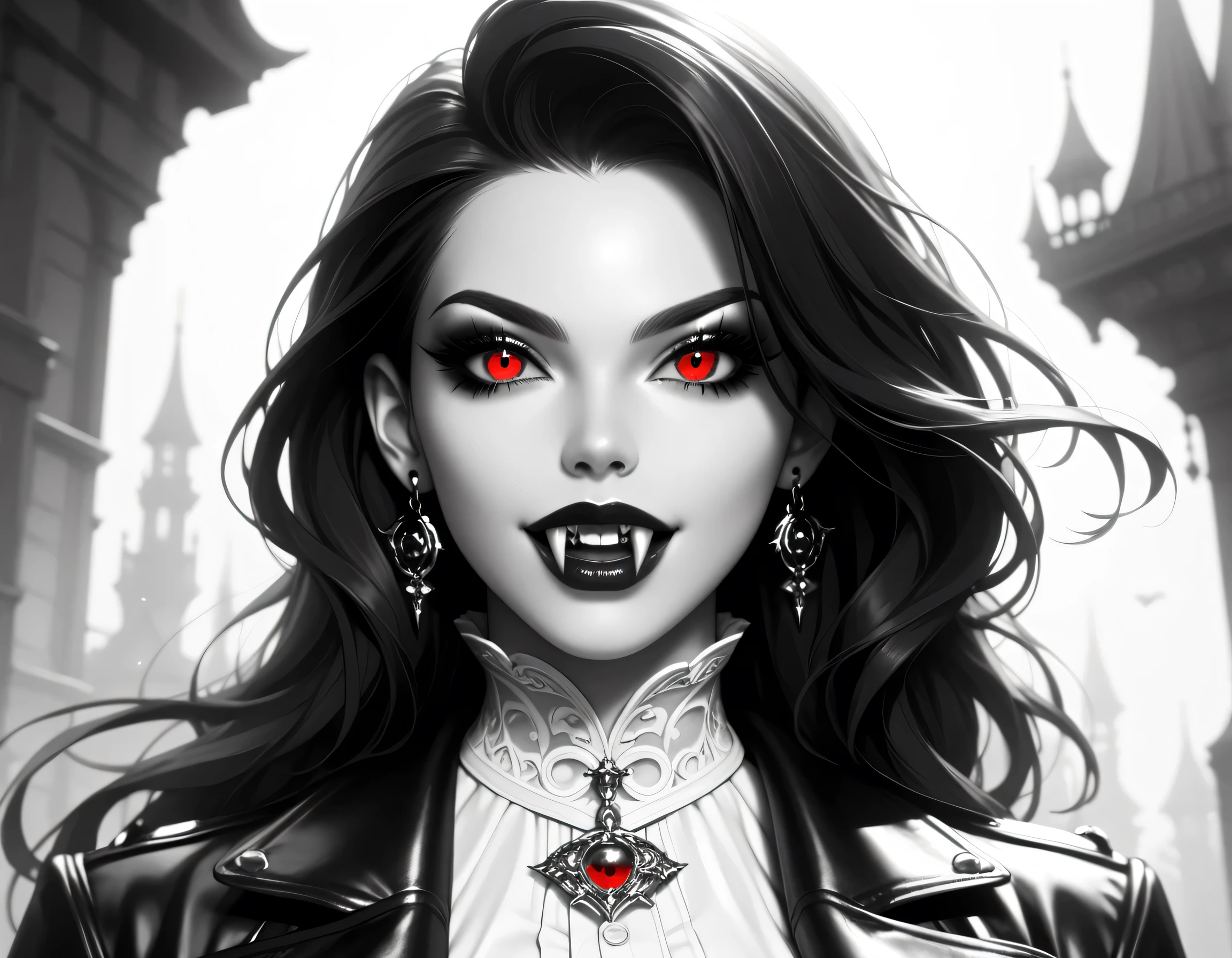score_9, score_8_up, score_7_up,goth black and white anime art, (black and white art: 1.5) mostly black and white, a picture of a beautiful female vampire, best detailed face, black hair, long hair hair, red eyes, wearing trench coat, wearing a skirt, wearing white leather shirt, it is cloudy night (only colors are the blood and the eyes), vampyfangs1, fantasy, Cinematic Shot