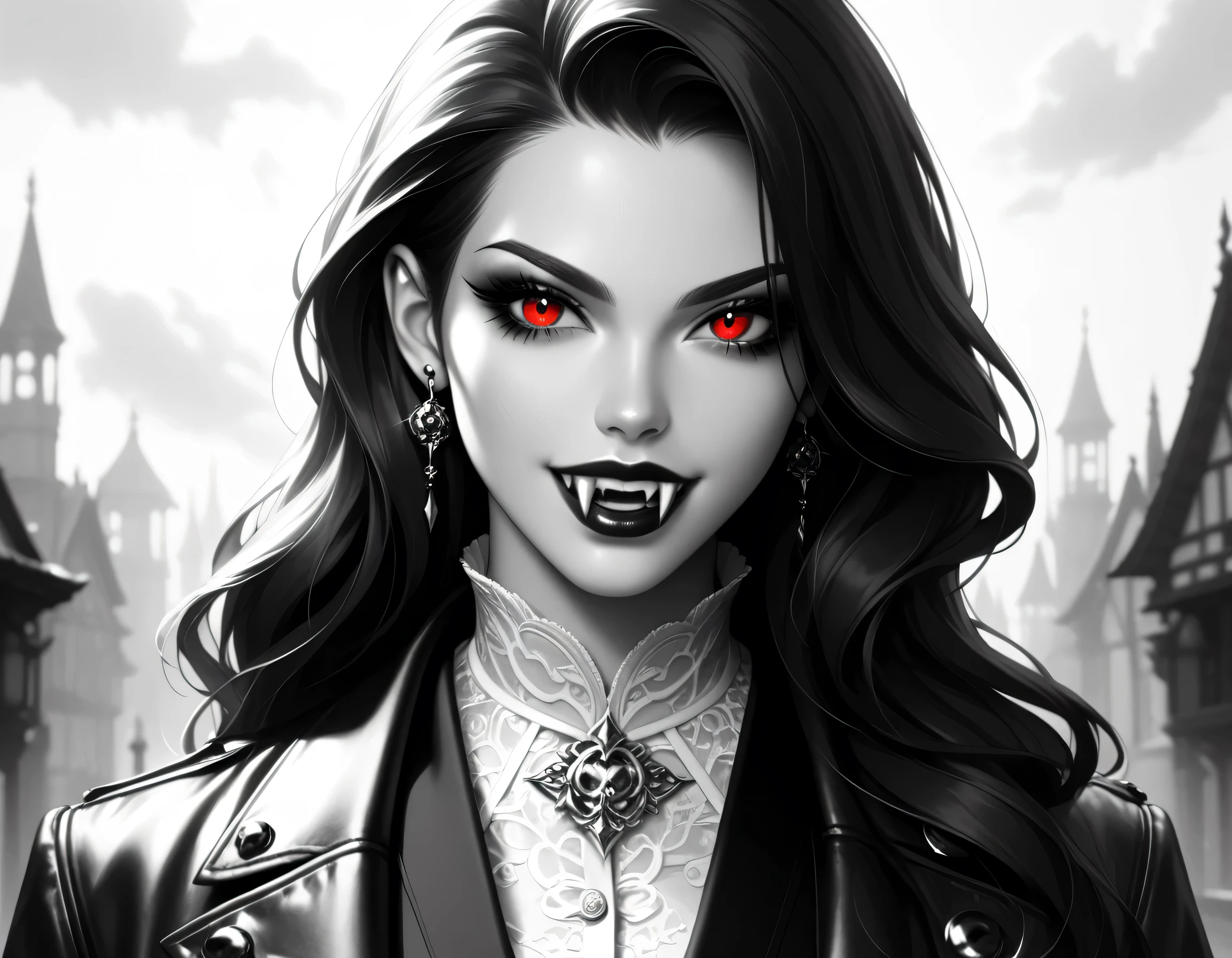 score_9, score_8_up, score_7_up,goth black and white anime art, (black and white art: 1.5) mostly black and white, a picture of a beautiful female vampire, best detailed face, black hair, long hair hair, red eyes, wearing trench coat, wearing a skirt, wearing white leather shirt, it is cloudy night (only colors are the blood and the eyes), vampyfangs1, fantasy, Cinematic Shot