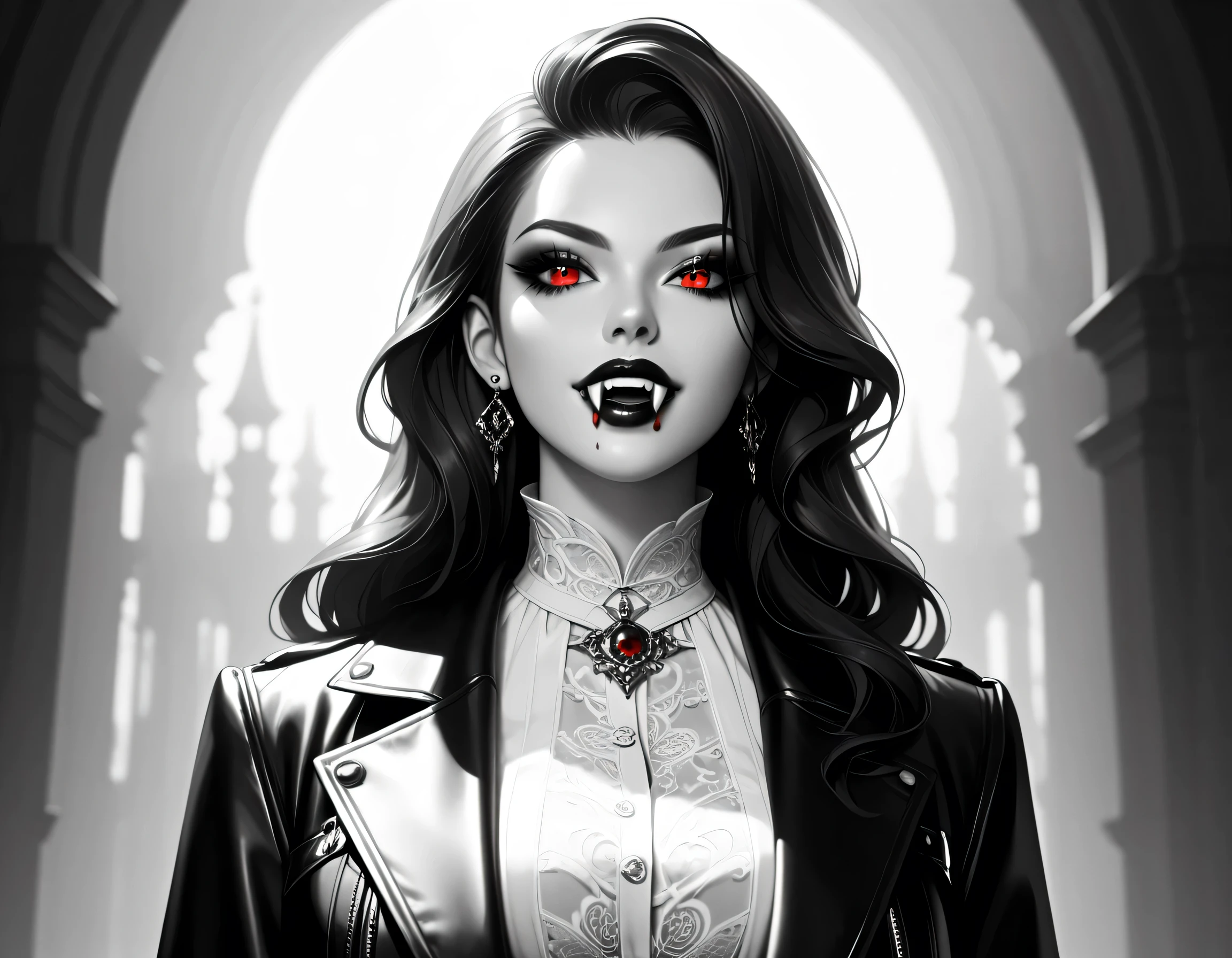 score_9, score_8_up, score_7_up,goth black and white anime art, (black and white art: 1.5) mostly black and white, a picture of a beautiful female vampire, best detailed face, black hair, long hair hair, red eyes, wearing trench coat, wearing a skirt, wearing white leather shirt, it is cloudy night (only colors are the blood and the eyes), vampyfangs1, fantasy, Cinematic Shot