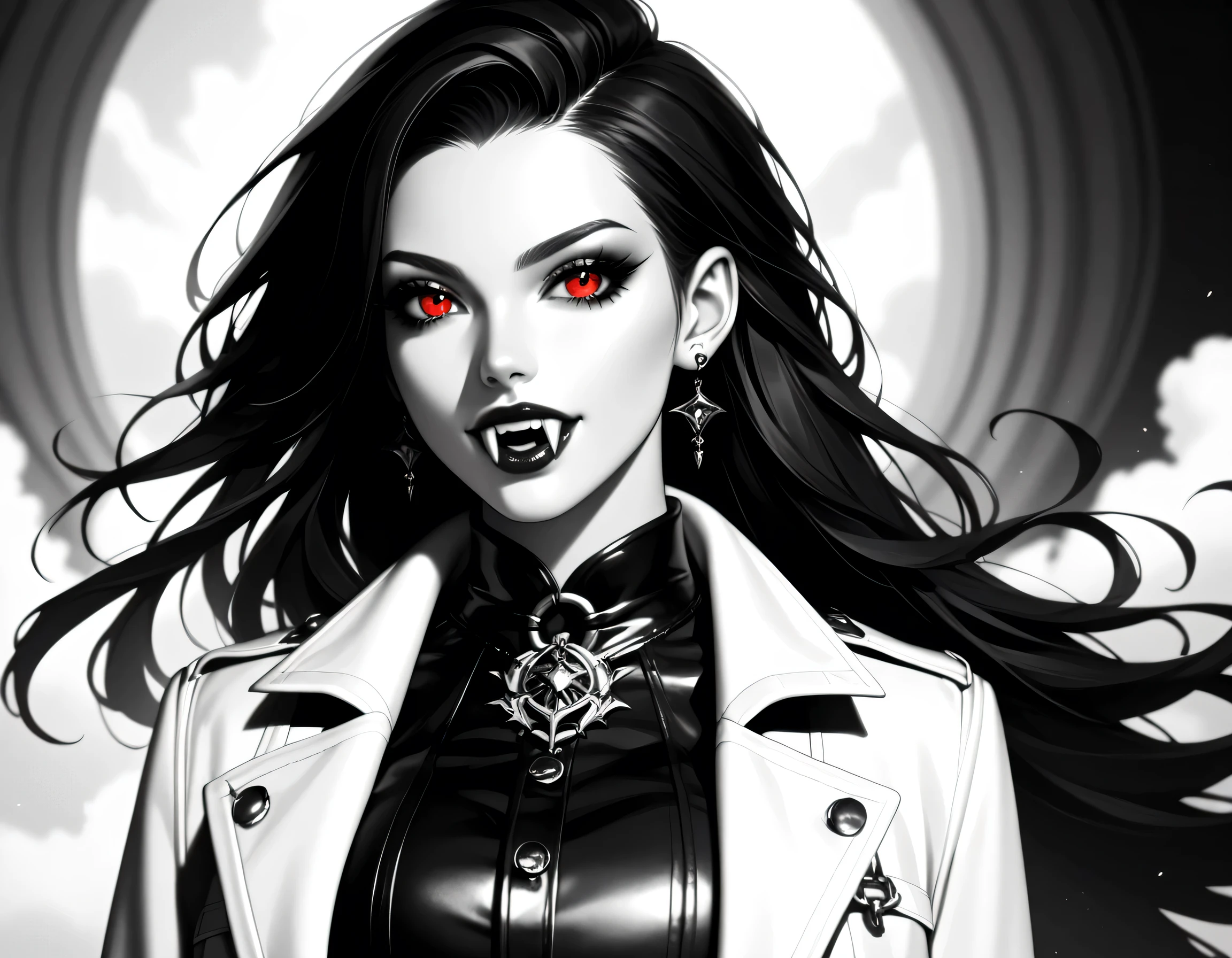 score_9, score_8_up, score_7_up,goth black and white anime art, (black and white art: 1.5) mostly black and white, a picture of a beautiful female vampire, best detailed face, black hair, long hair hair, red eyes, wearing trench coat, wearing a skirt, wearing white leather shirt, it is cloudy night (only colors are the blood and the eyes), vampyfangs1, fantasy, Cinematic Shot