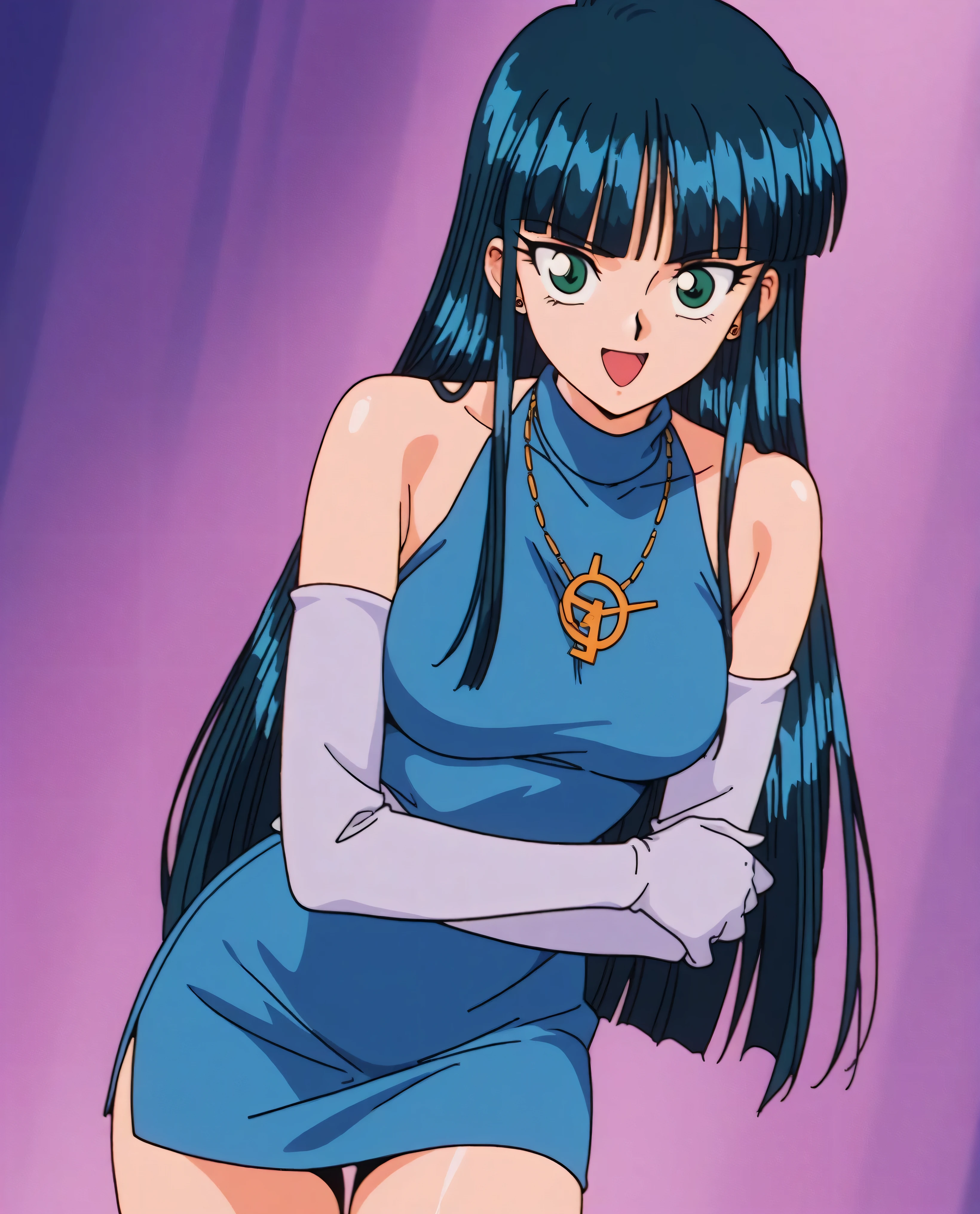 Anime girl with long black hair and blue dress posing for camera ...