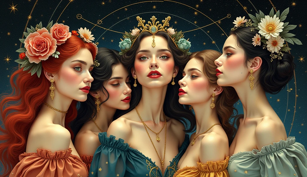 three women in lingersuits and red hair are standing in front of a painting, karol bak uhd, style of karol bak, by Galen Dara, 4k highly detailed digital art, digital art fantasy art, karol bak and peter mohrbacher, inspired by Hedi Xandt, michael cheval (unreal engine, inspired by Karol Bak
