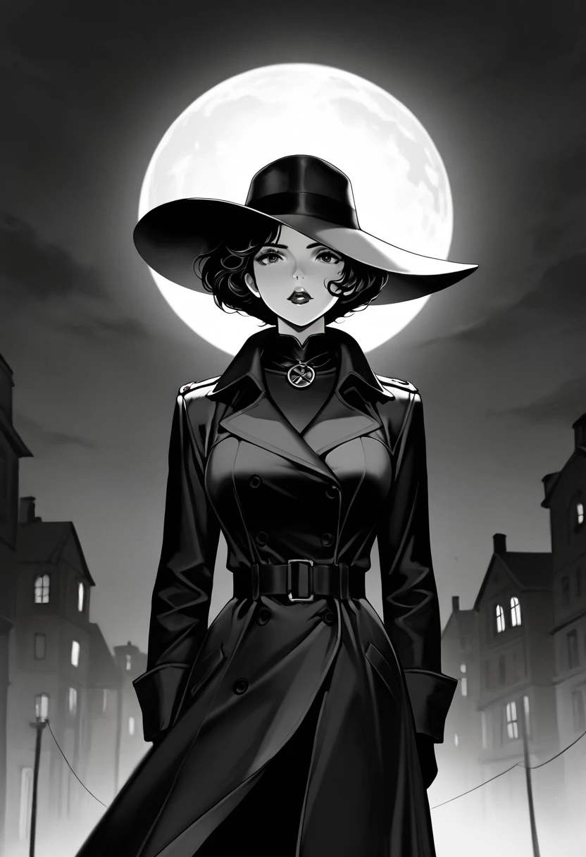 Illustration by Herge of a city at night where a woman wearing a hat poses for a picture, black makeup, shiny glossy, dark night, <lora:Vintage_vibes_SD15:0.75> , vintage_vibes